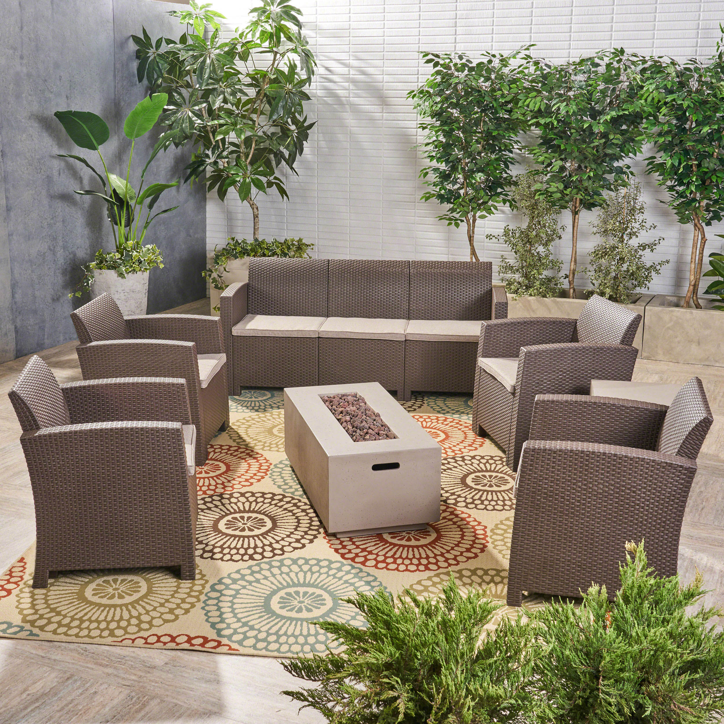Clay Outdoor 7-Seater Wicker Print Chat Set with Fire Pit and Tank Holder - furnishings