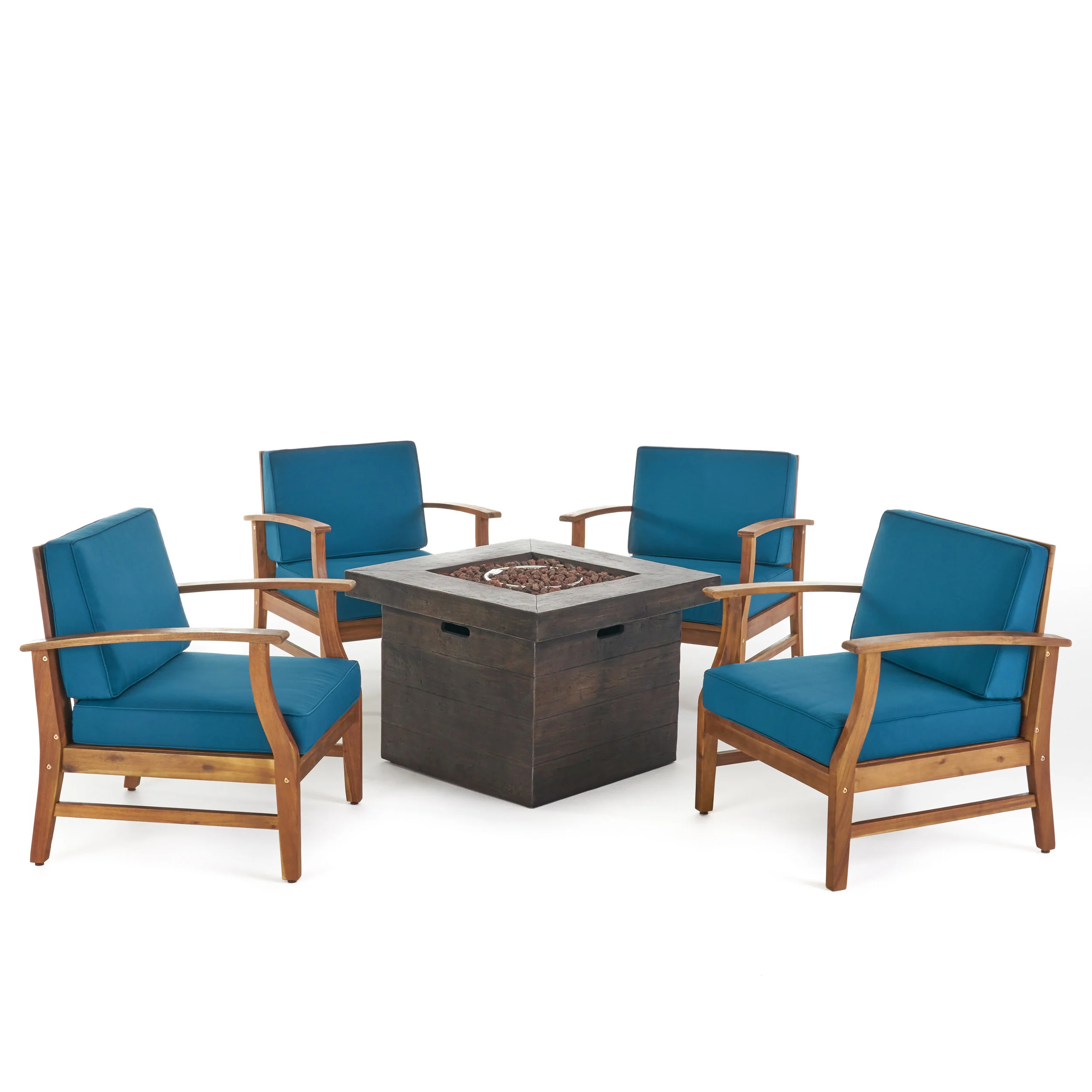 Easter Outdoor 4 Seat Teak Finished Acacia Wood Club Chairs Fire Pit Chat Set - furnishings