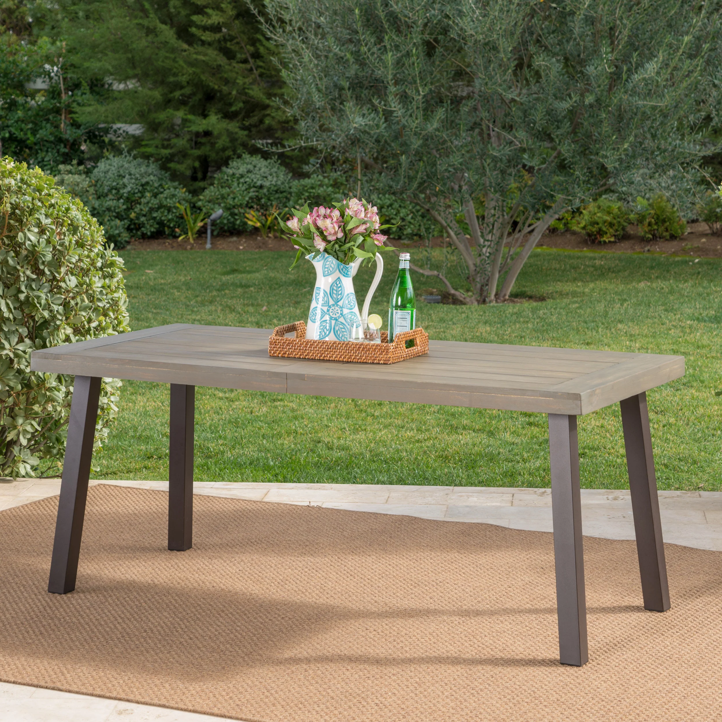 Mika Outdoor Finished Acacia Wood Dining Table with Metal Legs - furnishings