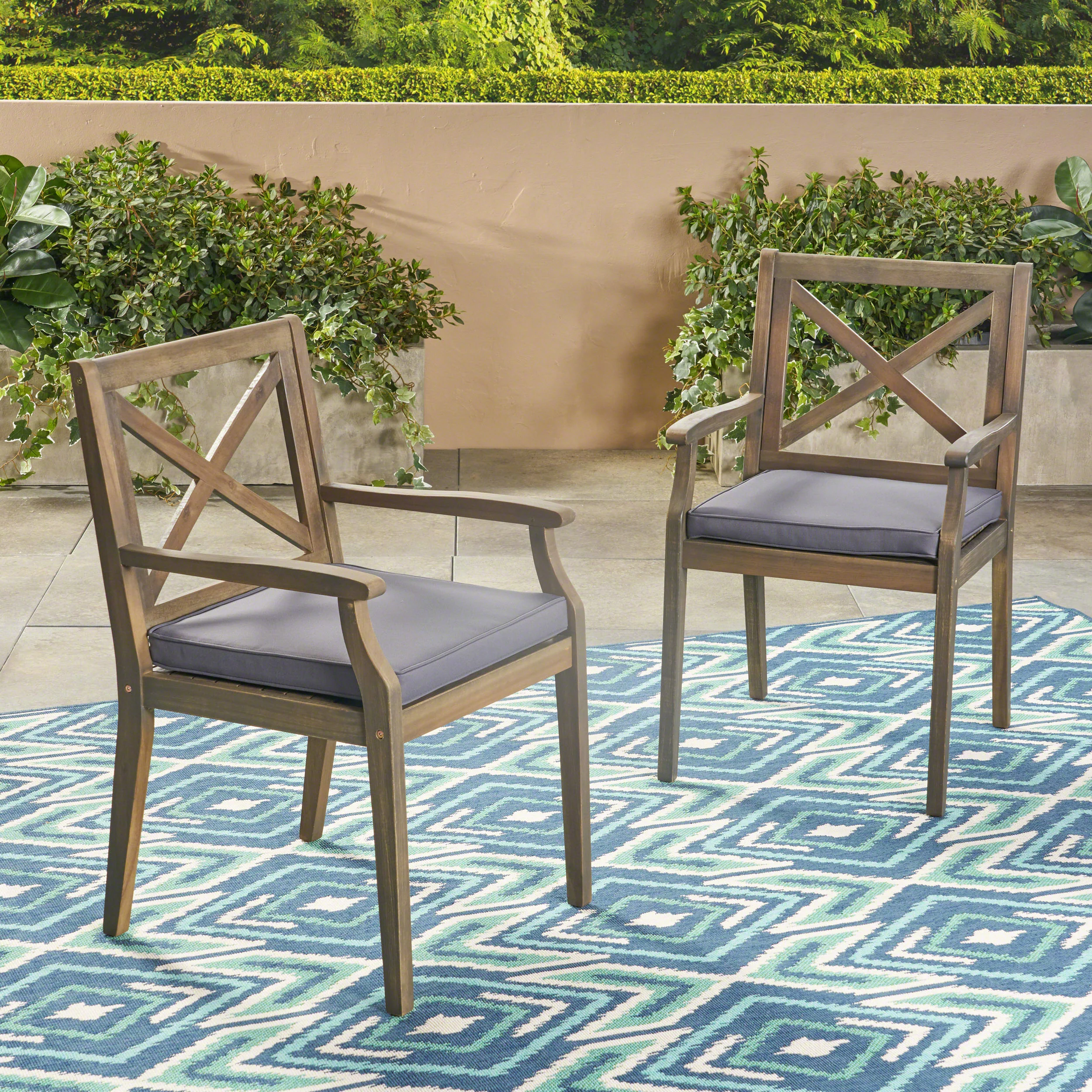 Peter Outdoor Acacia Wood Dining Chair (Set of 2), Grey with Grey Cushions - furnishings
