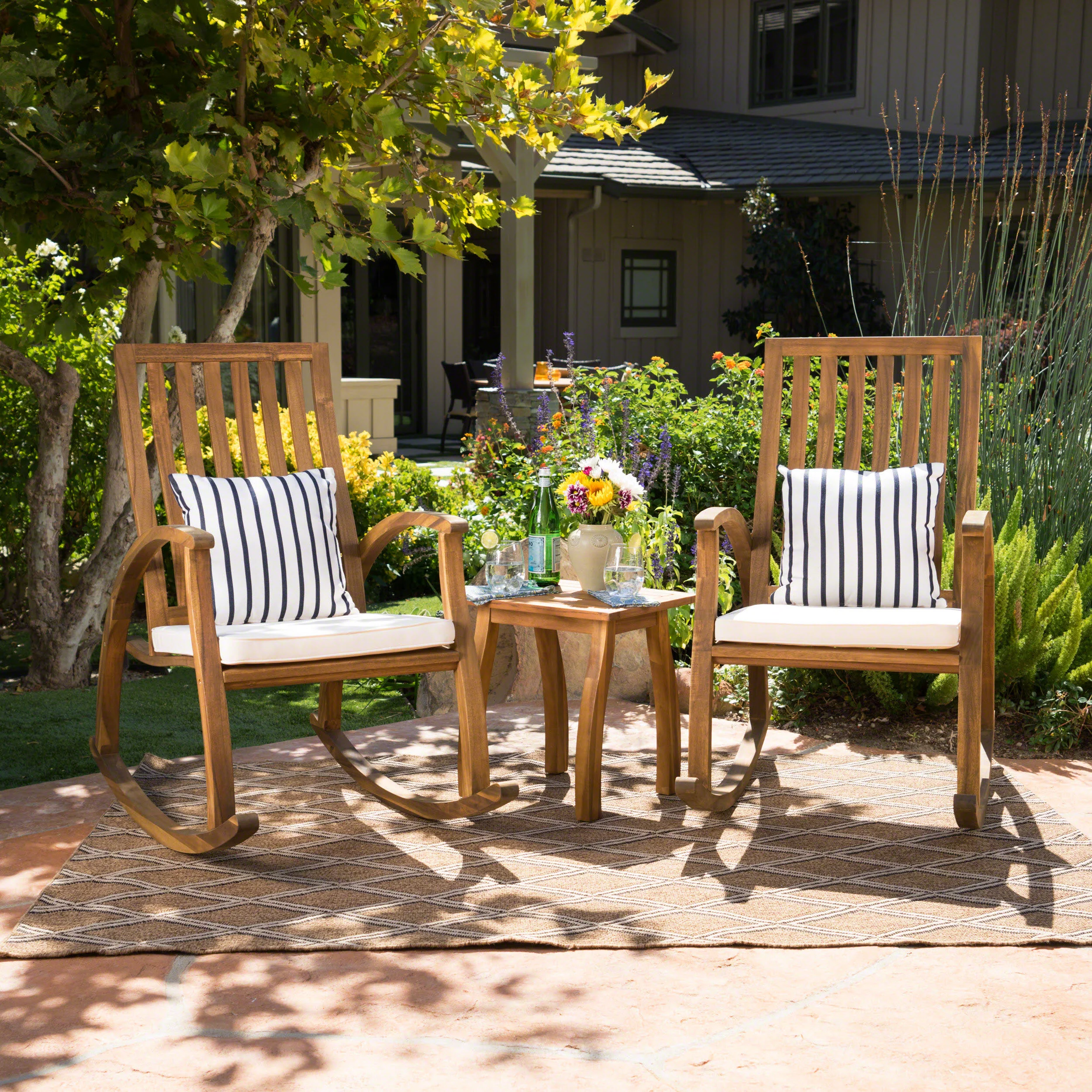 Cattan Outdoor Natural Stained Acacia Wood Rocking Chair Chat Set - furnishings