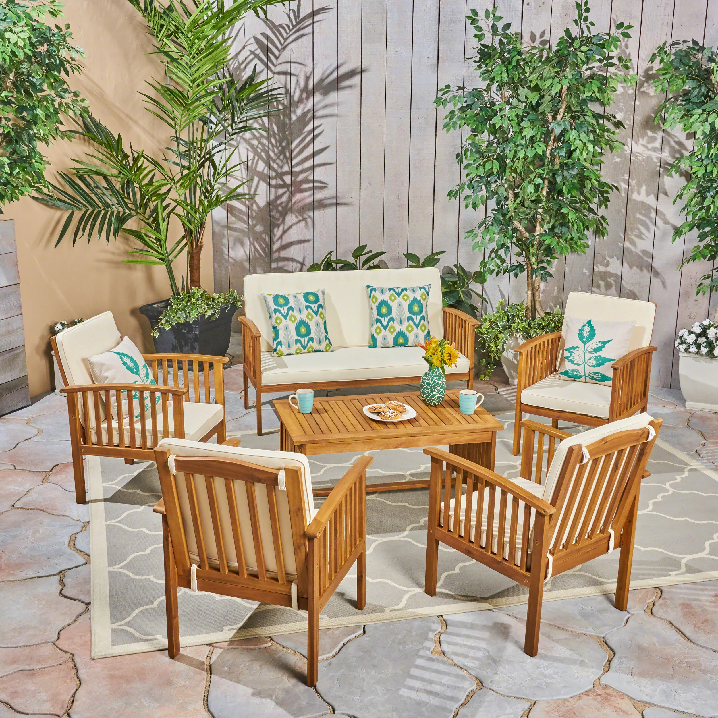 Parry Outdoor Open Slat 6-Seater Acacia Wood Conversation Set with Coffee Table - furnishings