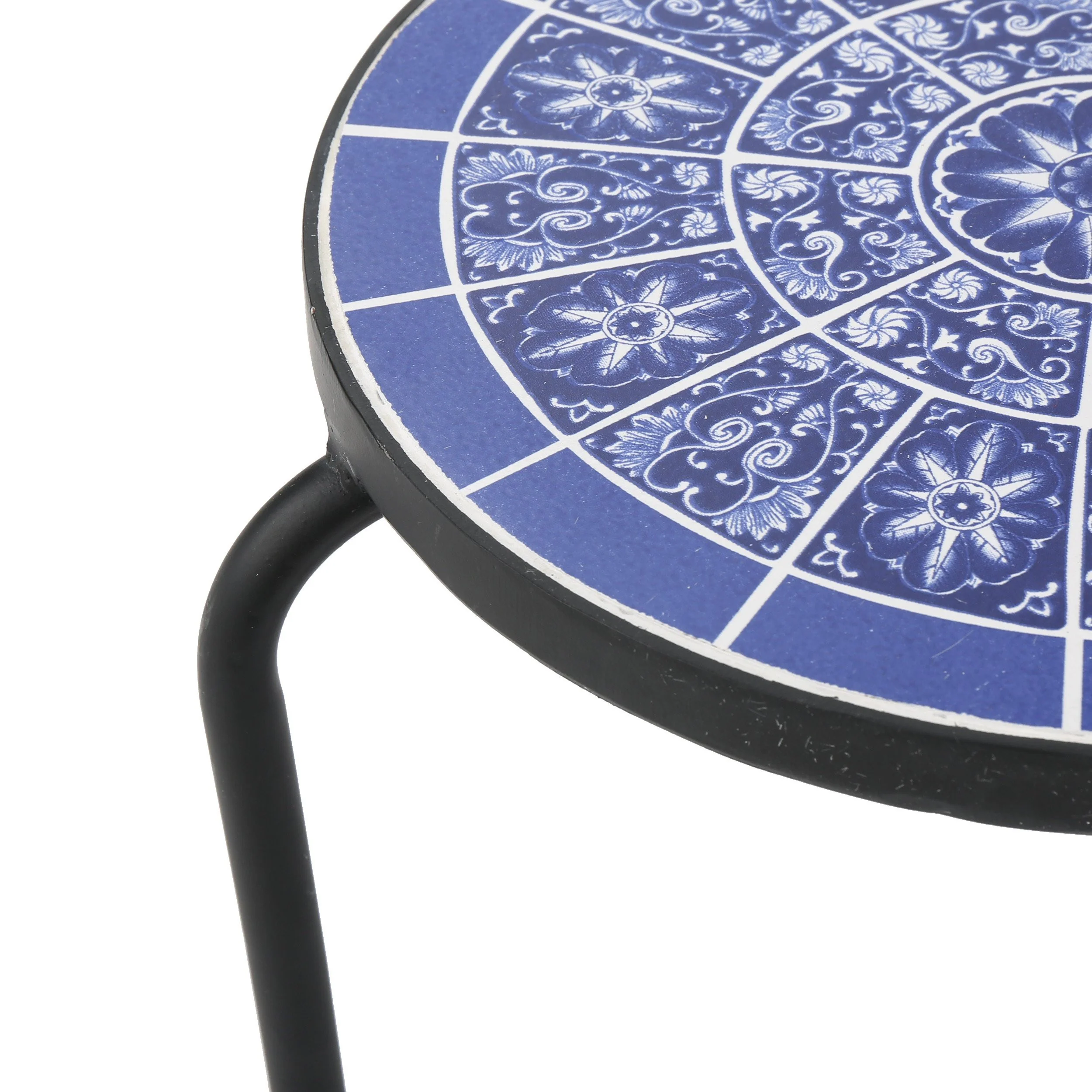 Soleil Outdoor Blue & White Ceramic Tile Iron Frame Side Table - furnishings
