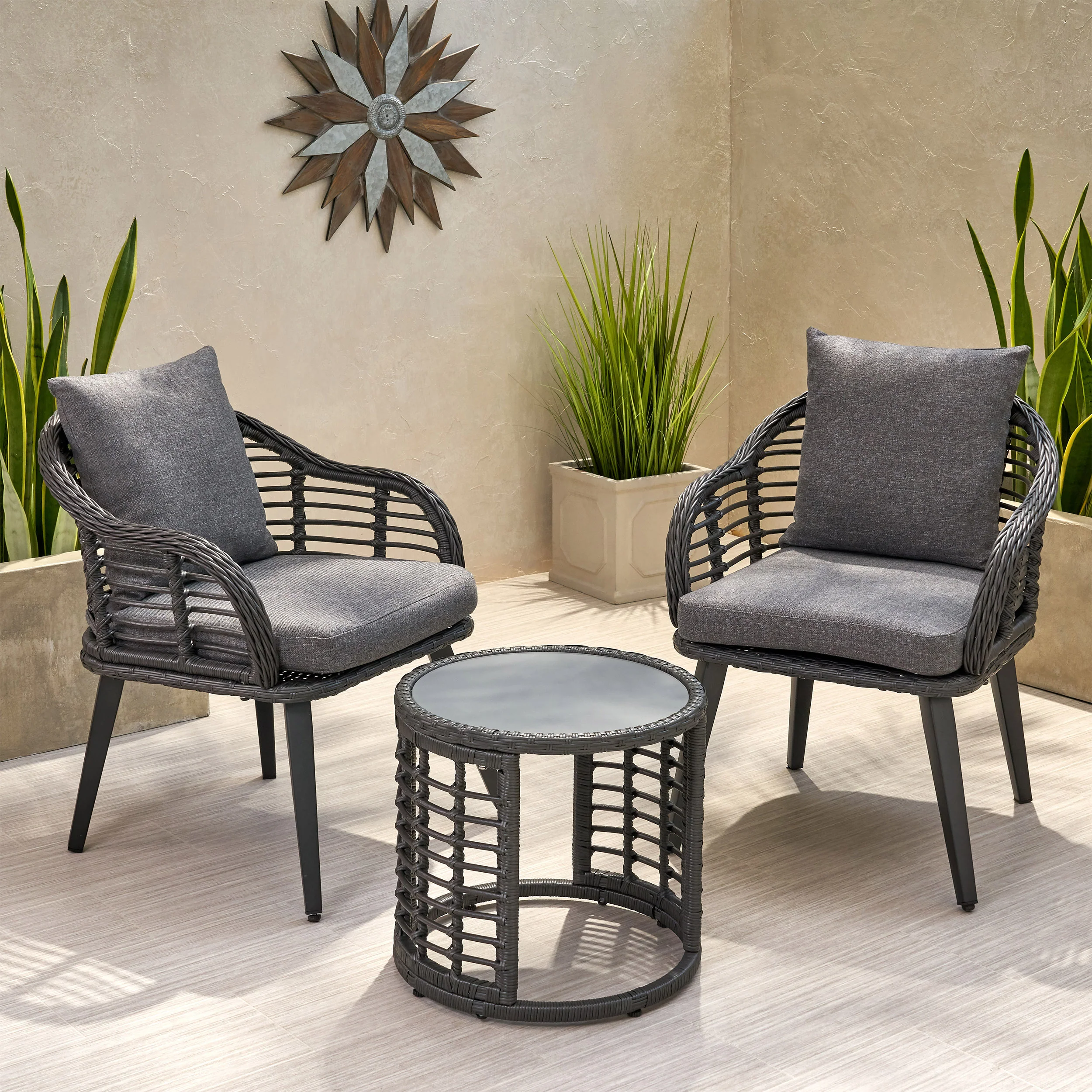 Evvy Outdoor Modern Boho 2 Seater Wicker Chat Set with Side Table - furnishings
