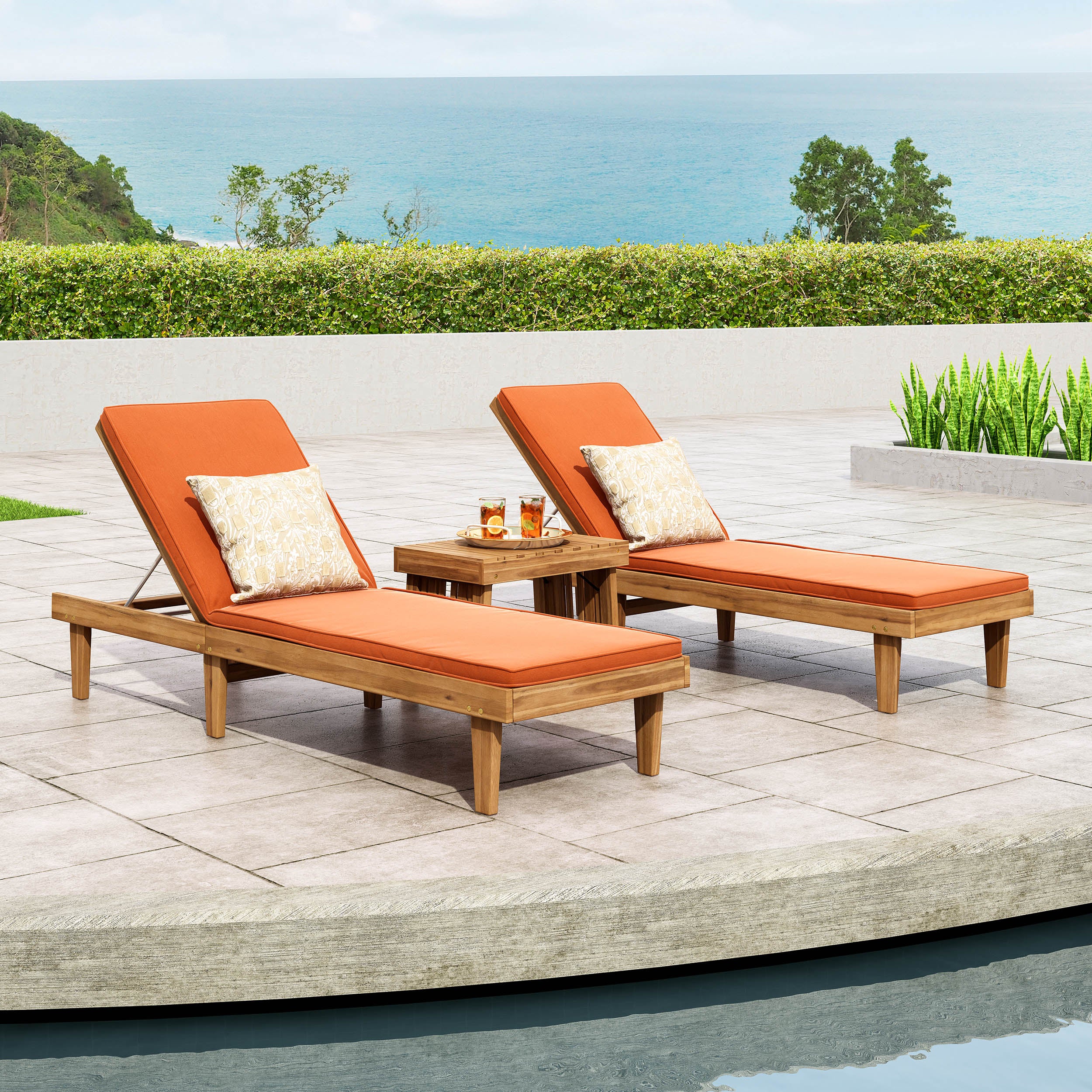 Addisyn Outdoor Acacia Wood 3 Piece Chaise Lounge Set with Water-Resistant Cushions - furnishings