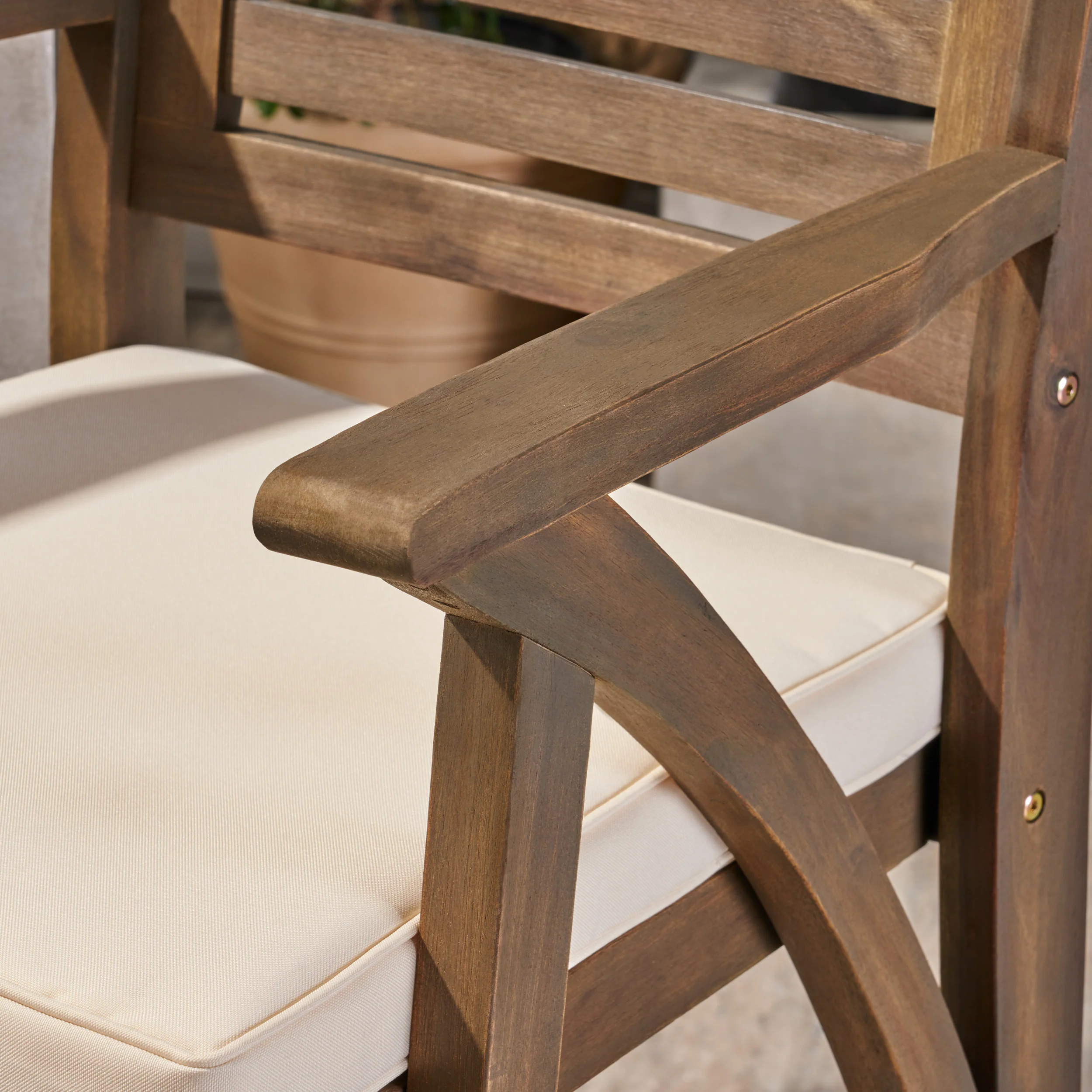 Joye Outdoor Acacia Wood Barstool (Set of 2), Grey with Cream Cushion - furnishings