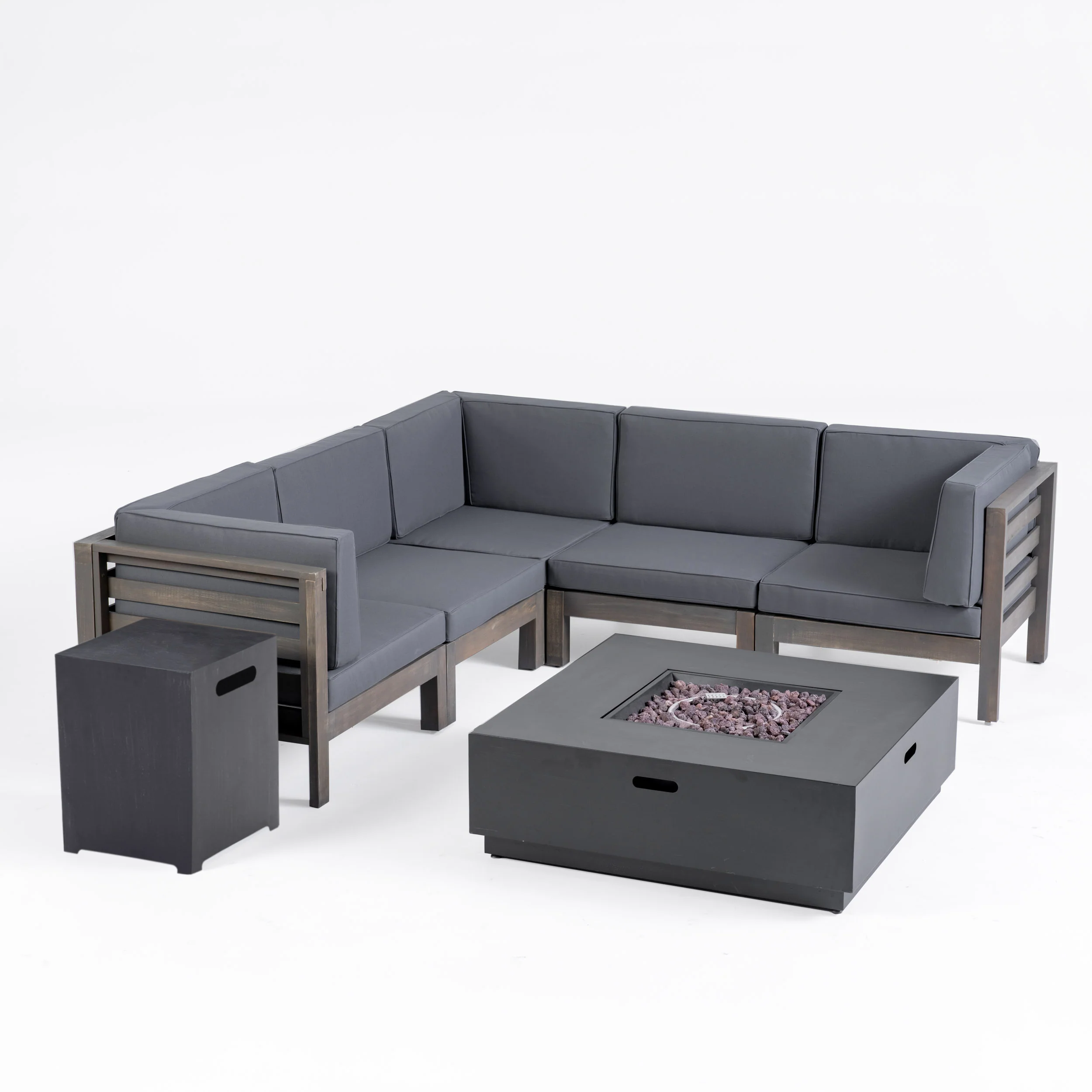 Krystin Outdoor 7 Piece V-Shaped Acacia Wood Sectional Sofa Set with Fire Pit and Outdoor Cushions - furnishings