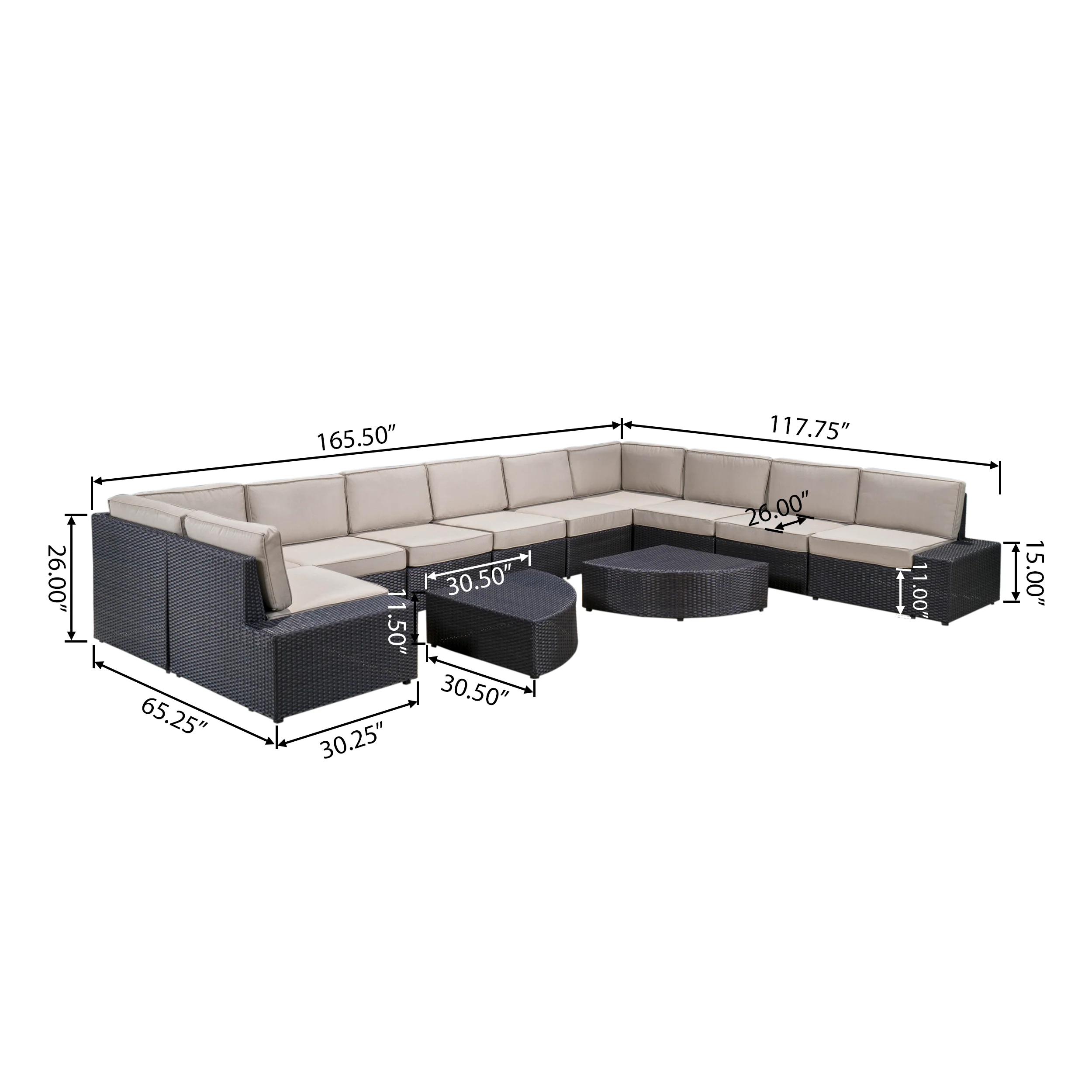Reddington 12pc Outdoor Wicker Sectional Sofa Set w/ Cushions - furnishings