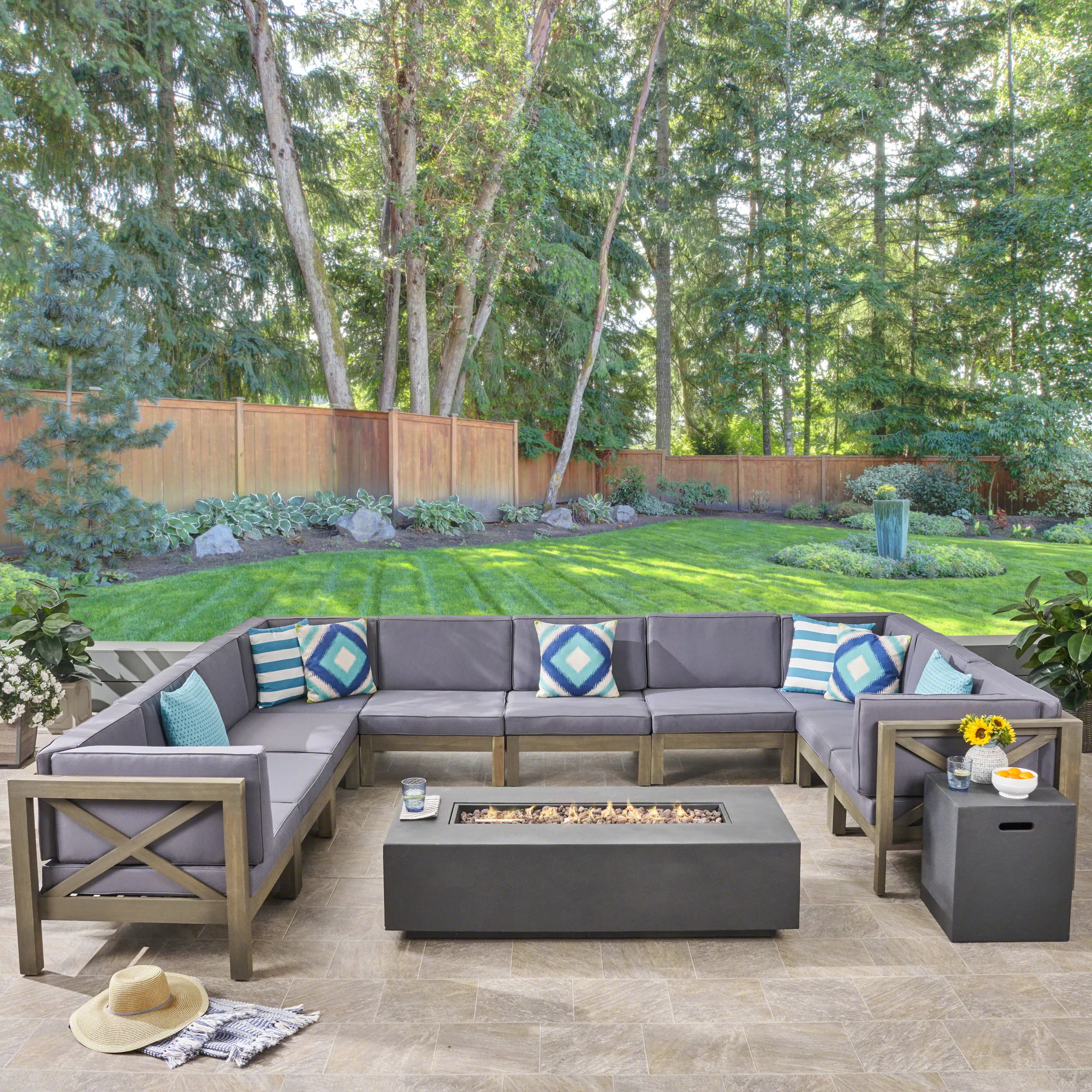 Cynthia Outdoor Acacia Wood 10 Pieces U-Shaped Sectional Sofa Set with Fire Pit - furnishings
