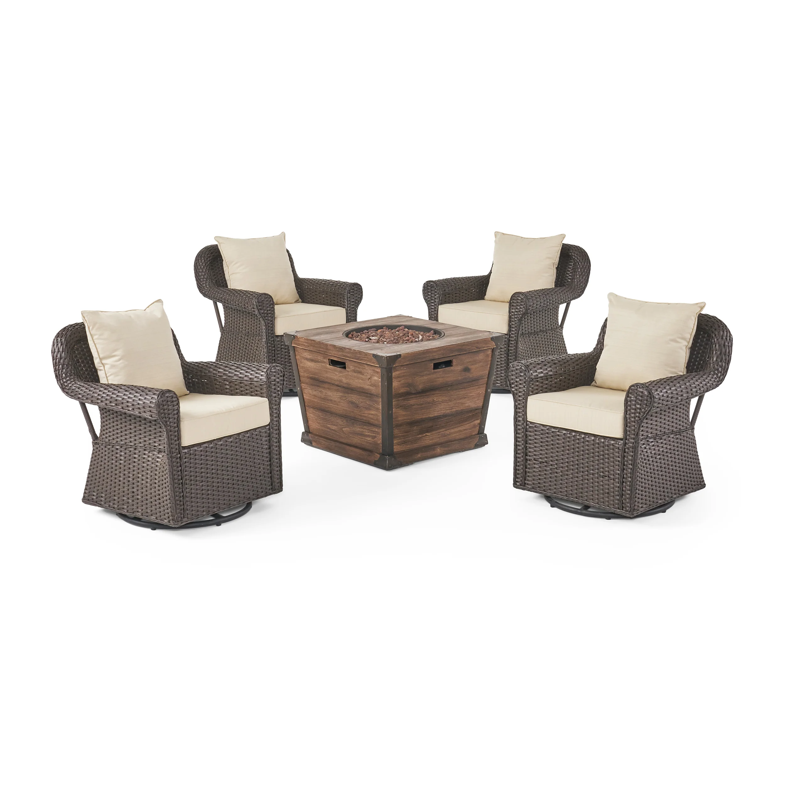 Parker Outdoor 5 Piece Wicker Swivel Club Chair with Aluminum Frame and Fire Pit Set, Dark Brown with Beige and Brown - furnishings