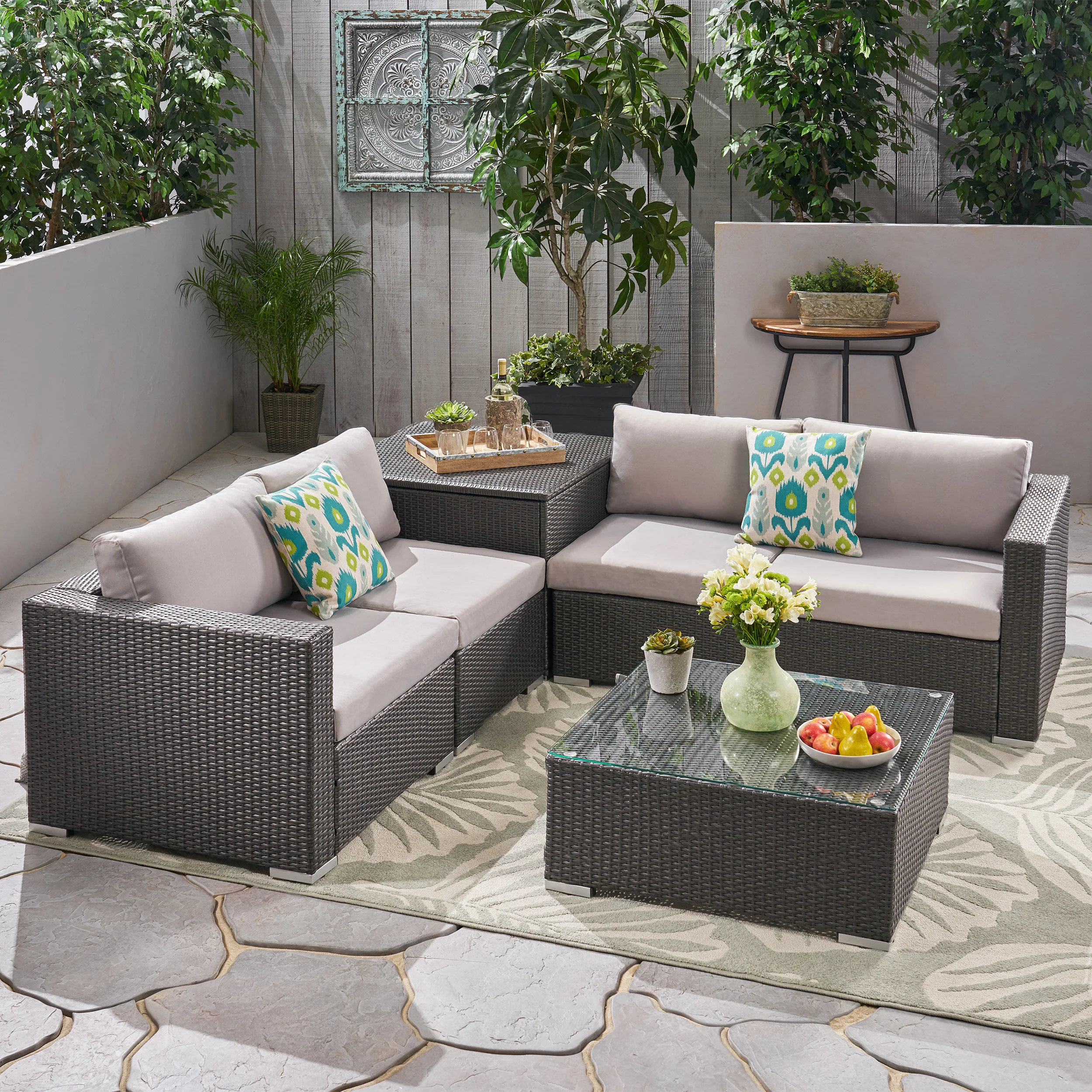 Valentina Outdoor 4-Seater Sectional Sofa Set with Coffee Table and Storage Ottoman - furnishings