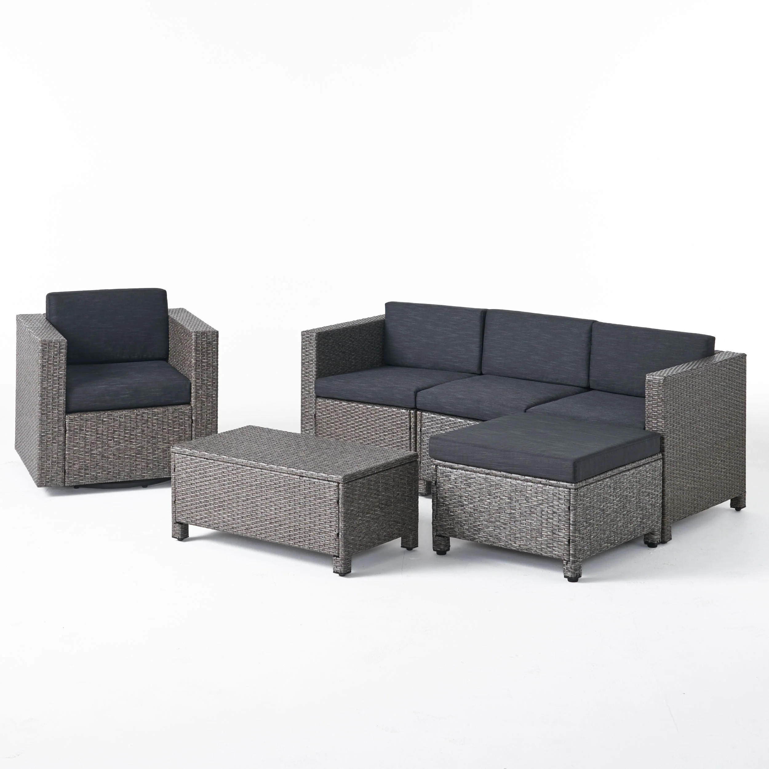 Buzz Outdoor 4 Seater Wicker L-Shaped Sectional Sofa Set with Cushions, Mixed Black with Dark Grey Cushions - furnishings