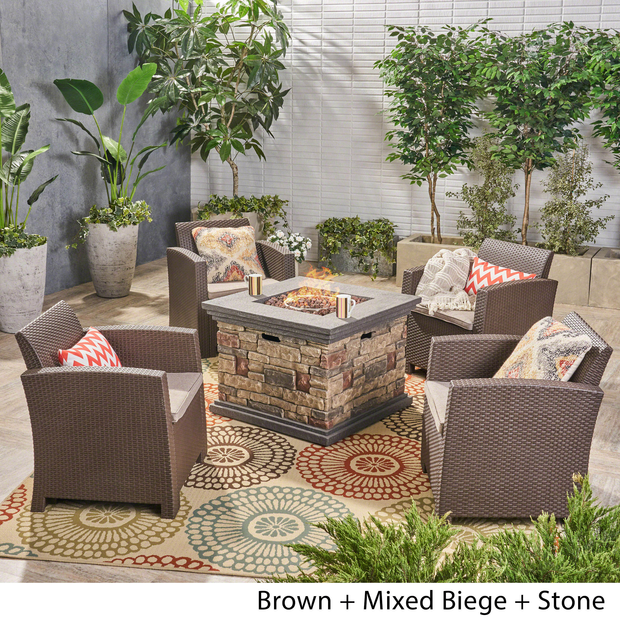 Casey Outdoor 4-Seater Wicker Print Club Chair Chat Set with Fire Pit - furnishings