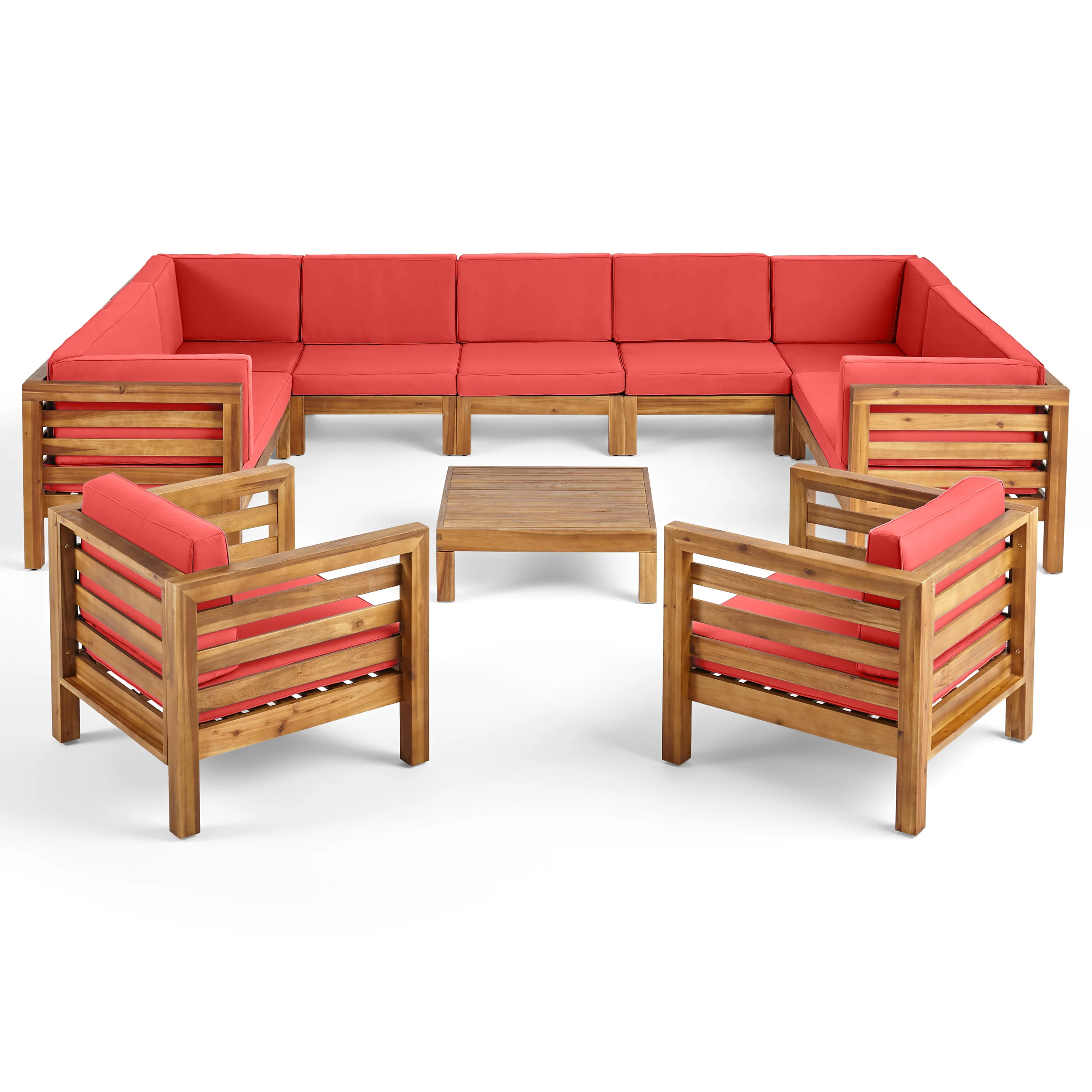 Emma Outdoor 11 Seater Acacia Wood Sectional Sofa and Club Chair Set - furnishings