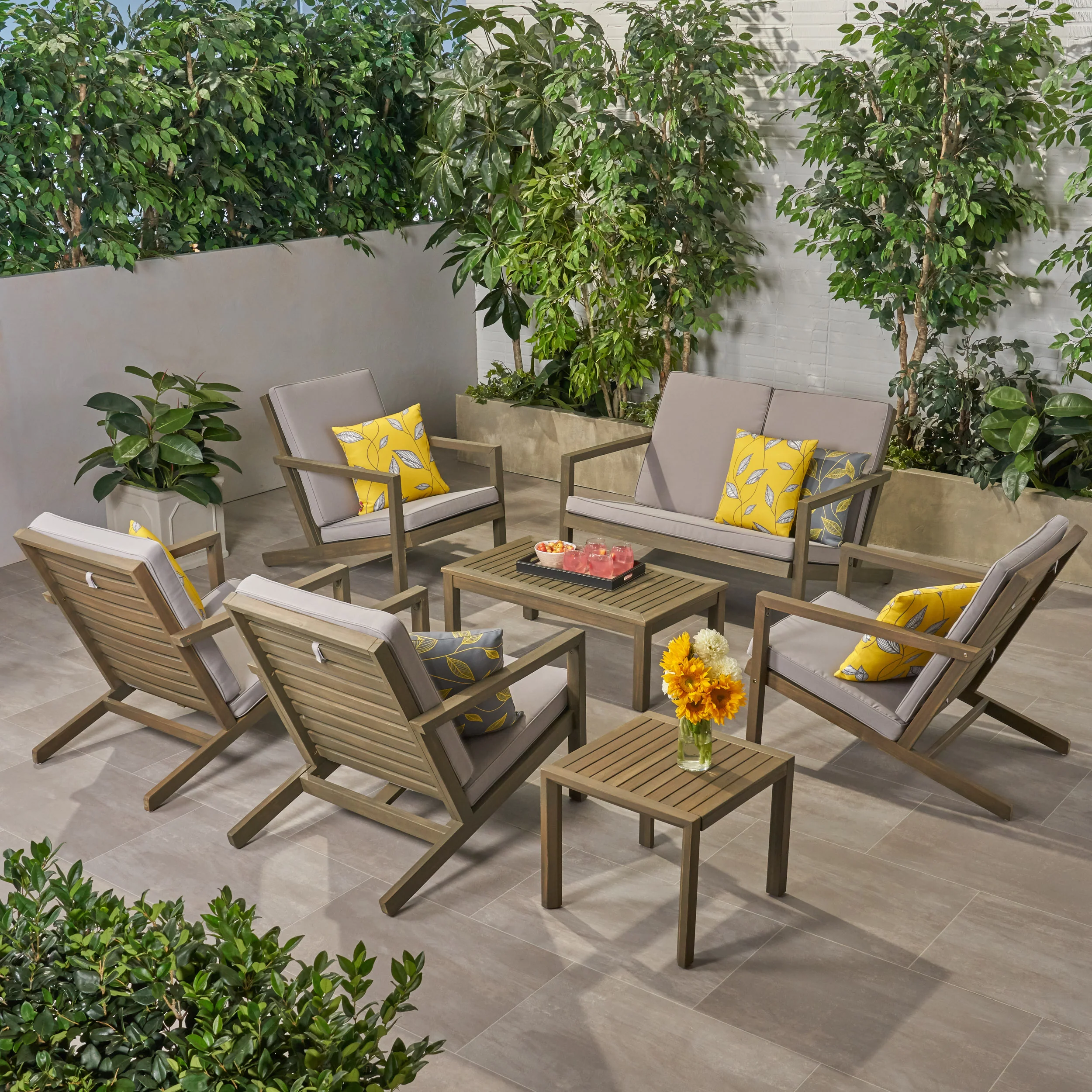 Lester Outdoor 6 Seater Acacia Wood Extended Chat Set - furnishings