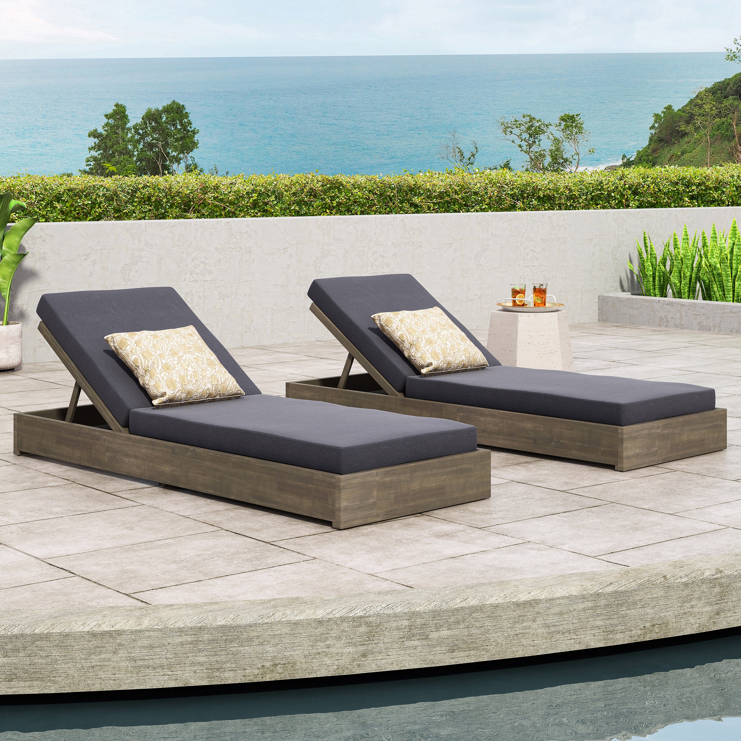 Niyanna Outdoor Acacia Wood Chaise Lounge with Cushion (Set of 2) - furnishings