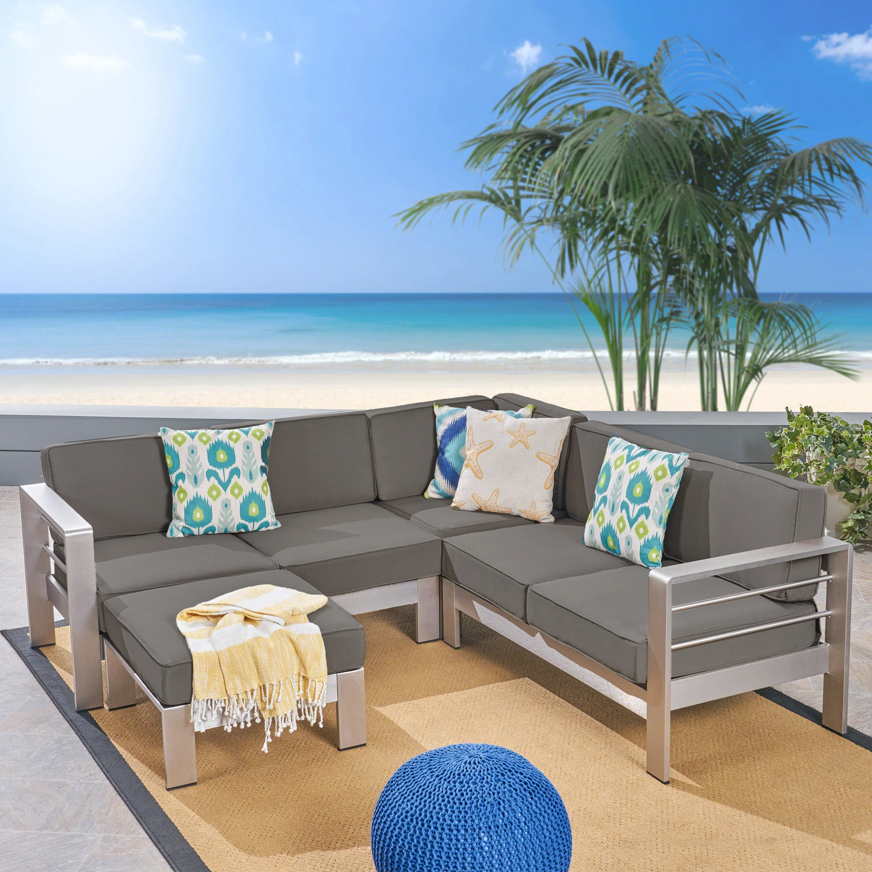 Emily Coral Outdoor Aluminum 5-Seater V-Shape Sectional Sofa Set with Ottoman, Silver and Khaki - furnishings