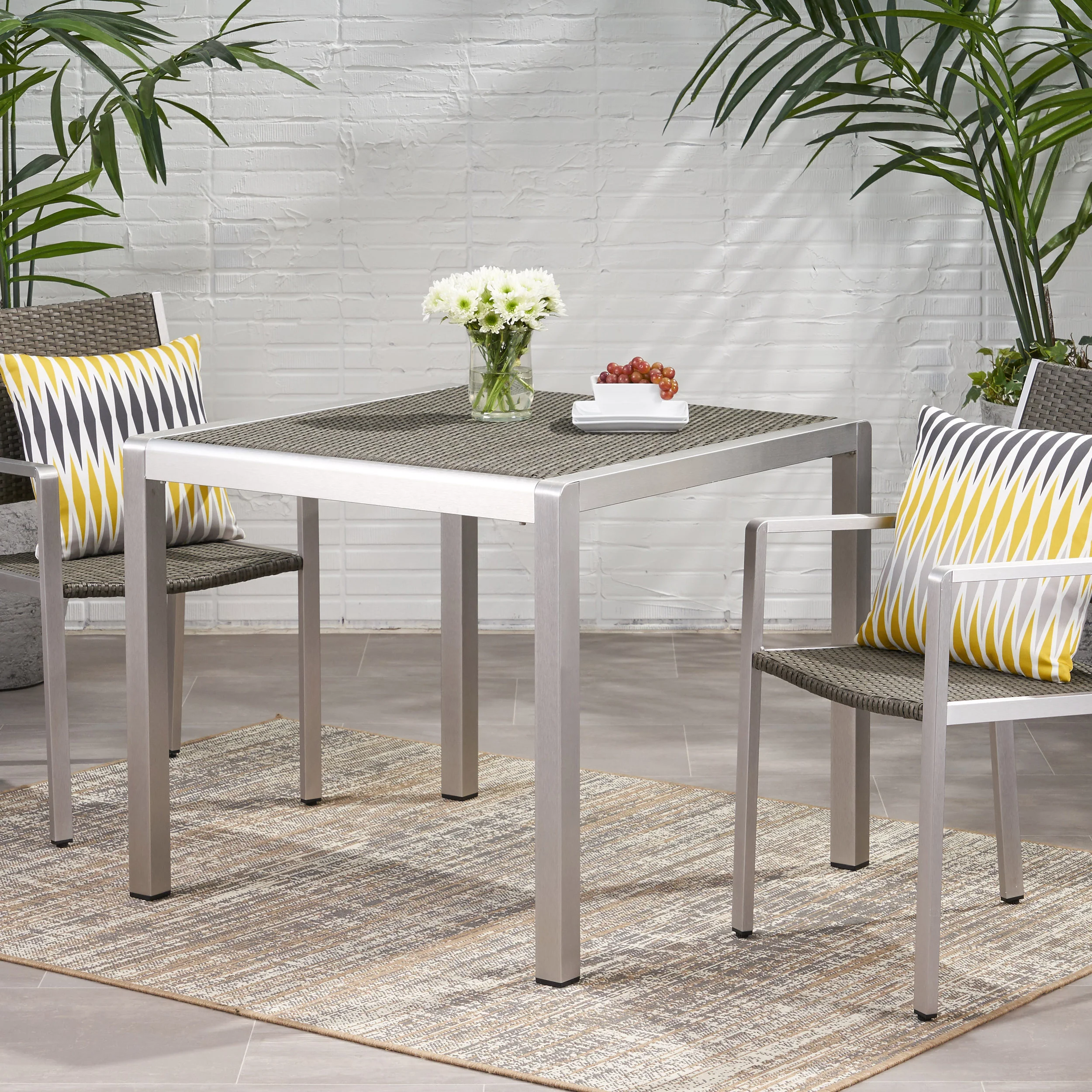 Louie Coral Outdoor Dining Table - Anodized Aluminum - Wicker Table Top - Square - Silver and Gray - 35-inch - furnishings