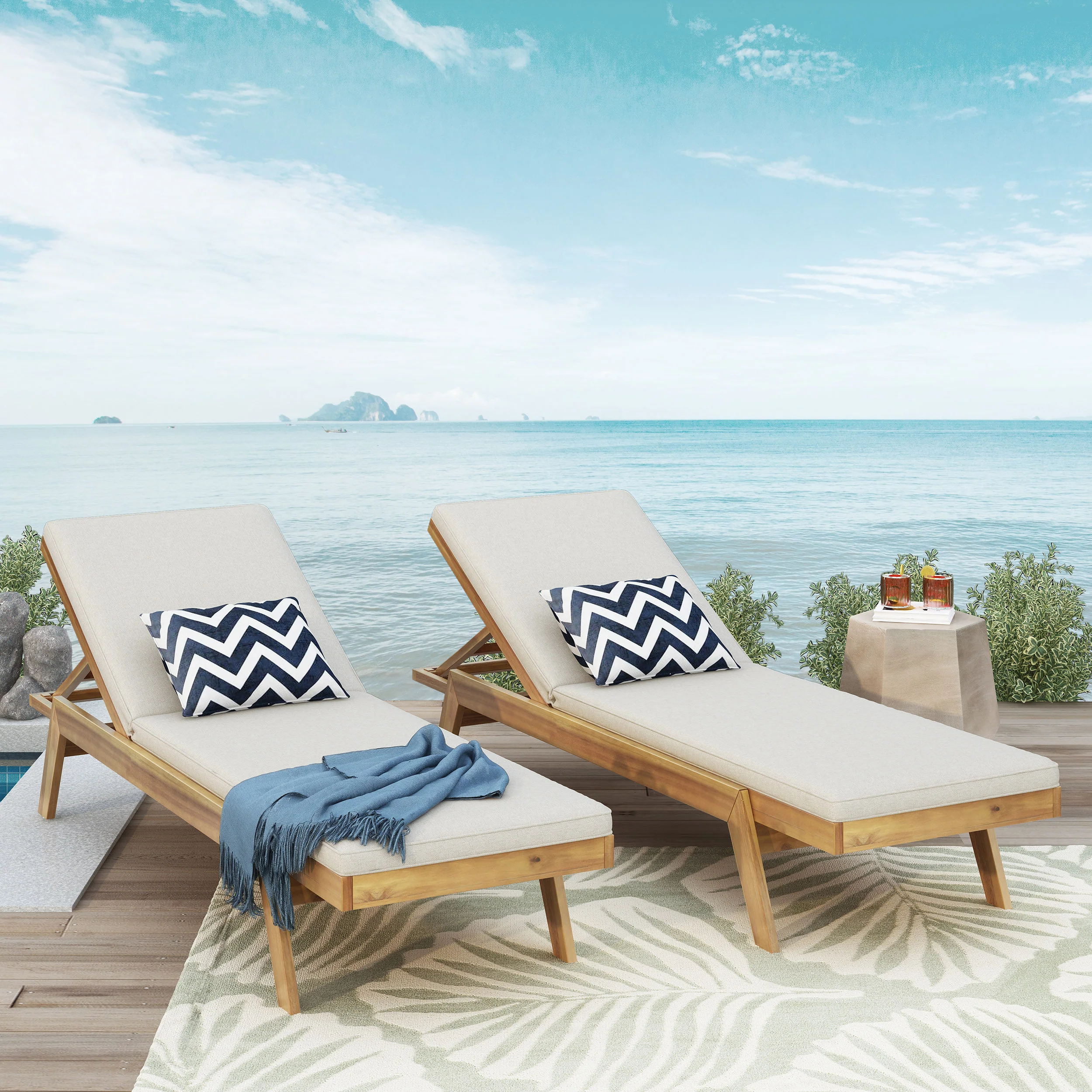Larimore Outdoor Acacia Wood Chaise Lounge with Water Resistant Cushions, Set of 2 - furnishings