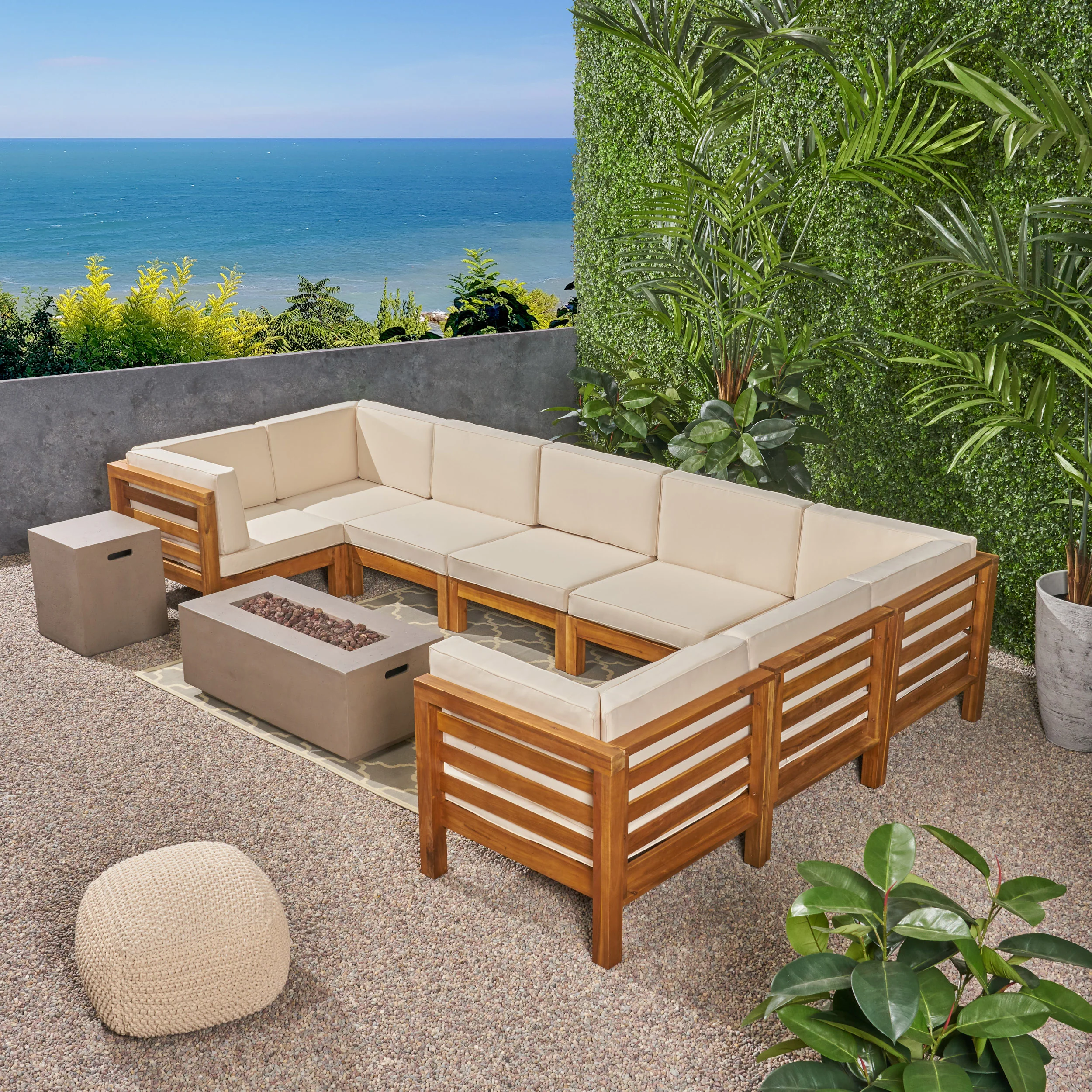Ravello Outdoor U-Shaped Sectional Sofa Set with Fire Pit - furnishings