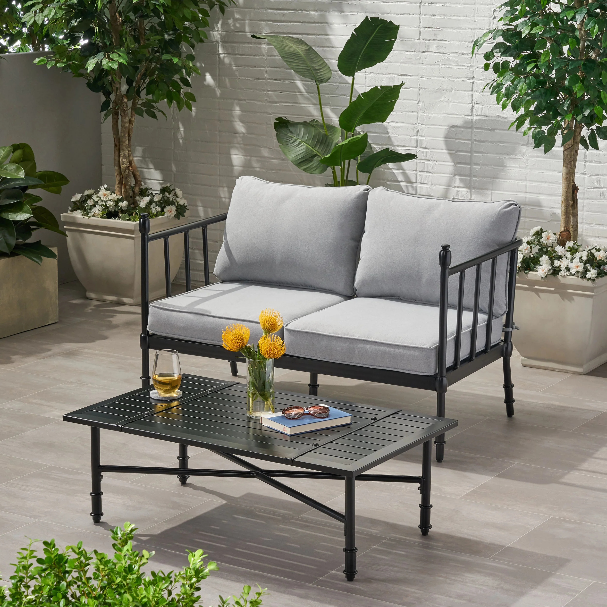 Francis Outdoor Aluminum Loveseat and Coffee Table with Cushions - furnishings