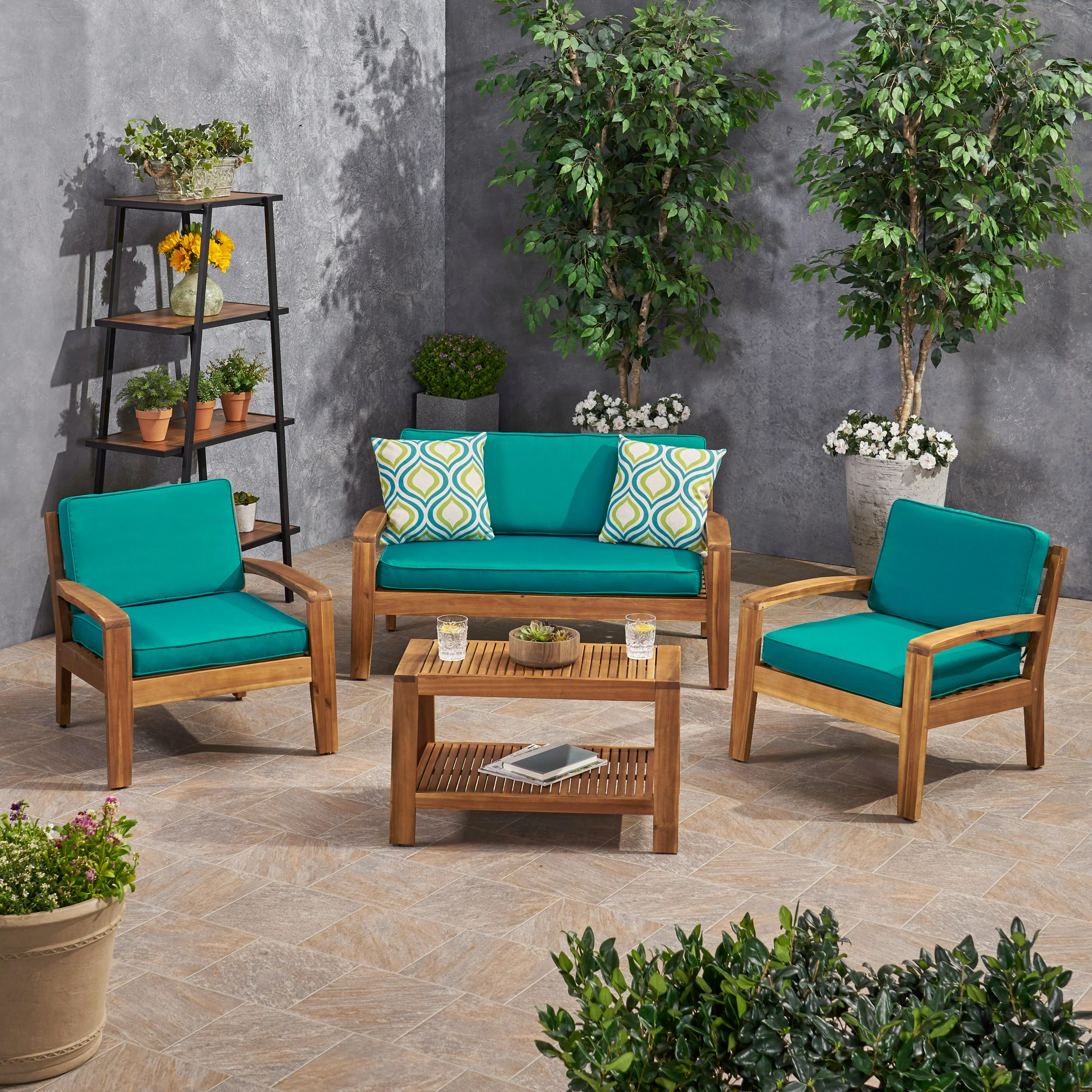 Parma Patio Acacia Wood 4-Seater Conversation Set with Coffee Table and Sunbrella Cushions - furnishings