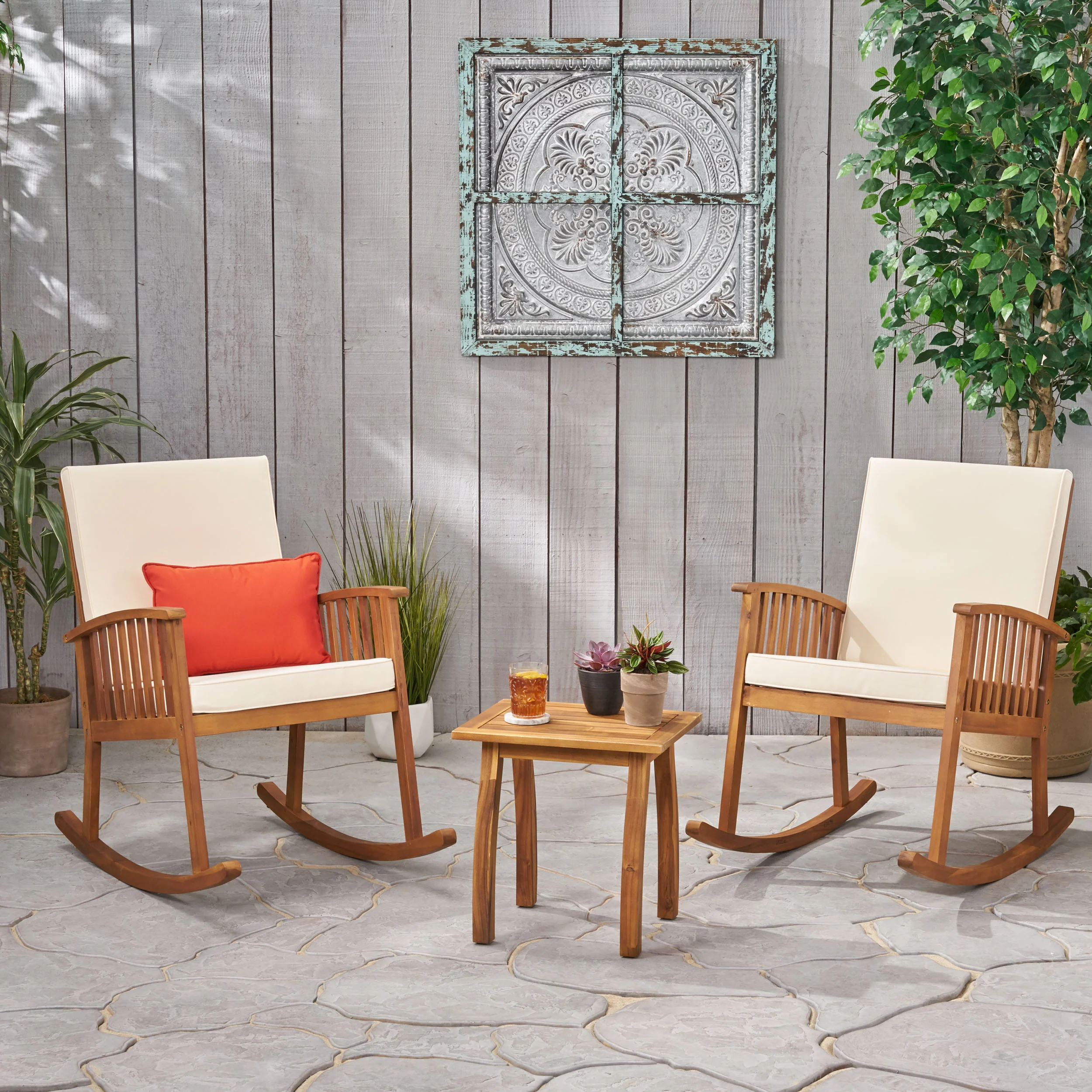 Sandy Outdoor Acacia Wood 2 Seater Rocking Chairs and Side Table Set - furnishings