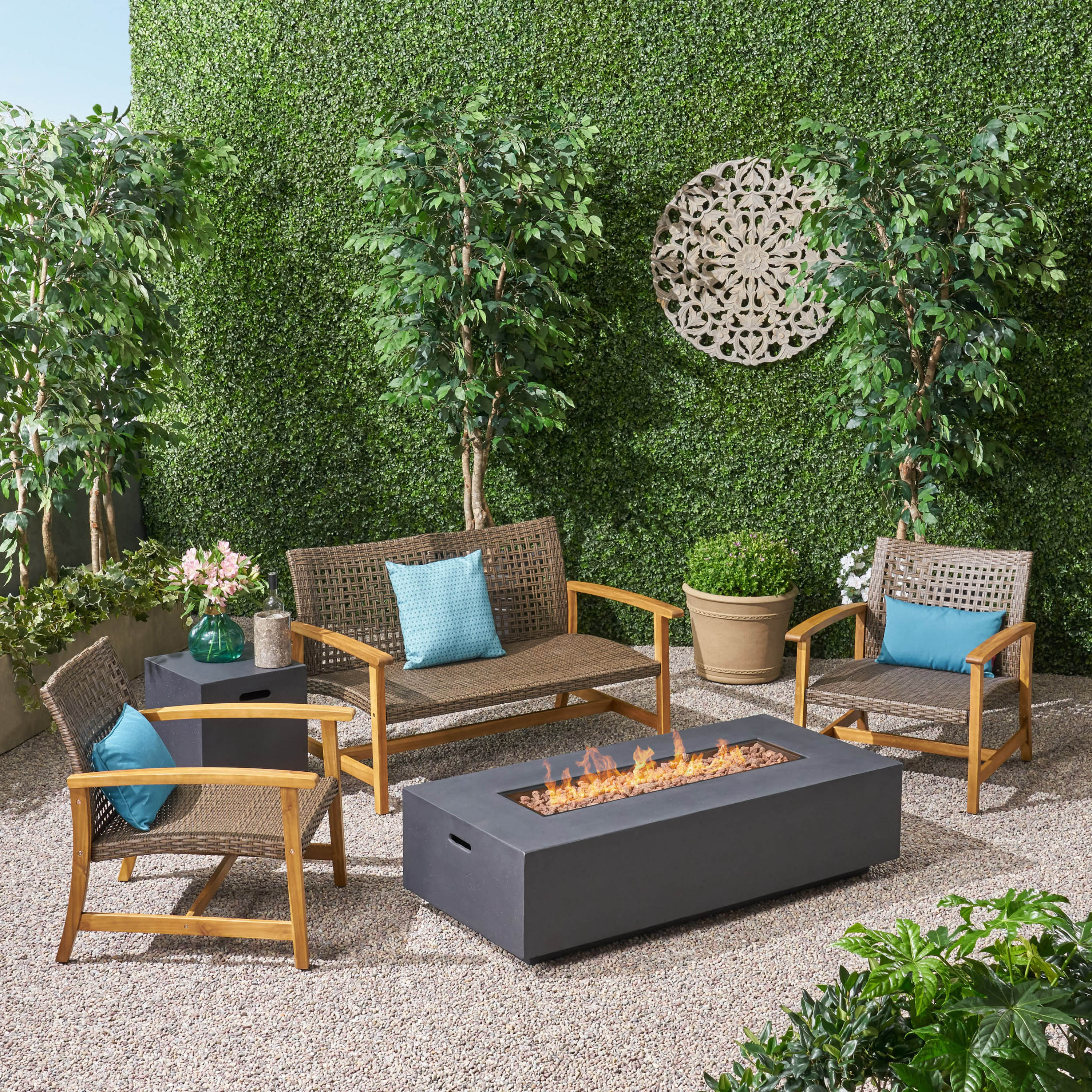 Tabby Outdoor 5 Piece Wood and Wicker Chat Set with Fire Pit - furnishings