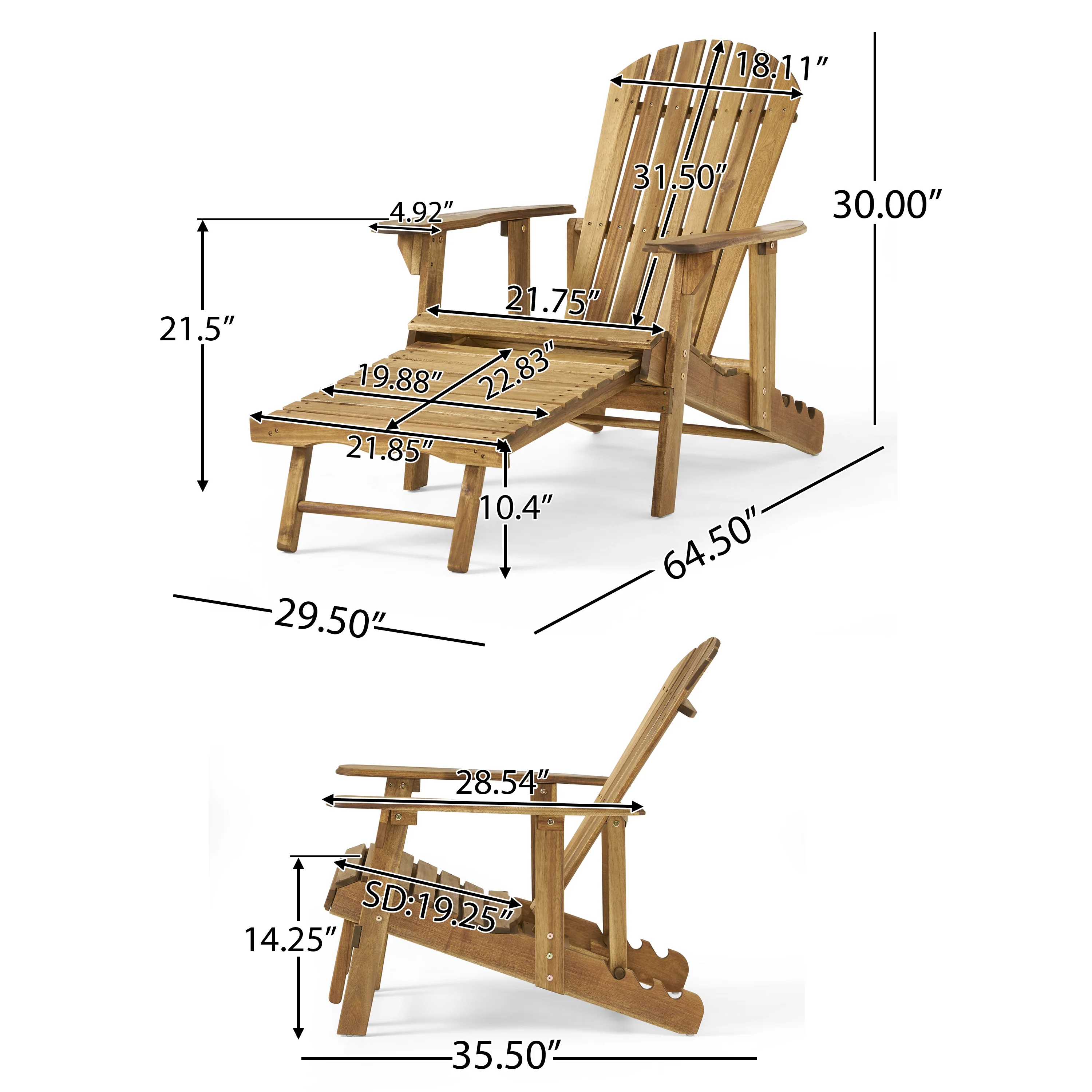 Kono Outdoor Acacia Wood Reclining Adirondack Chair with Footrest (Set of 2), Natural - furnishings
