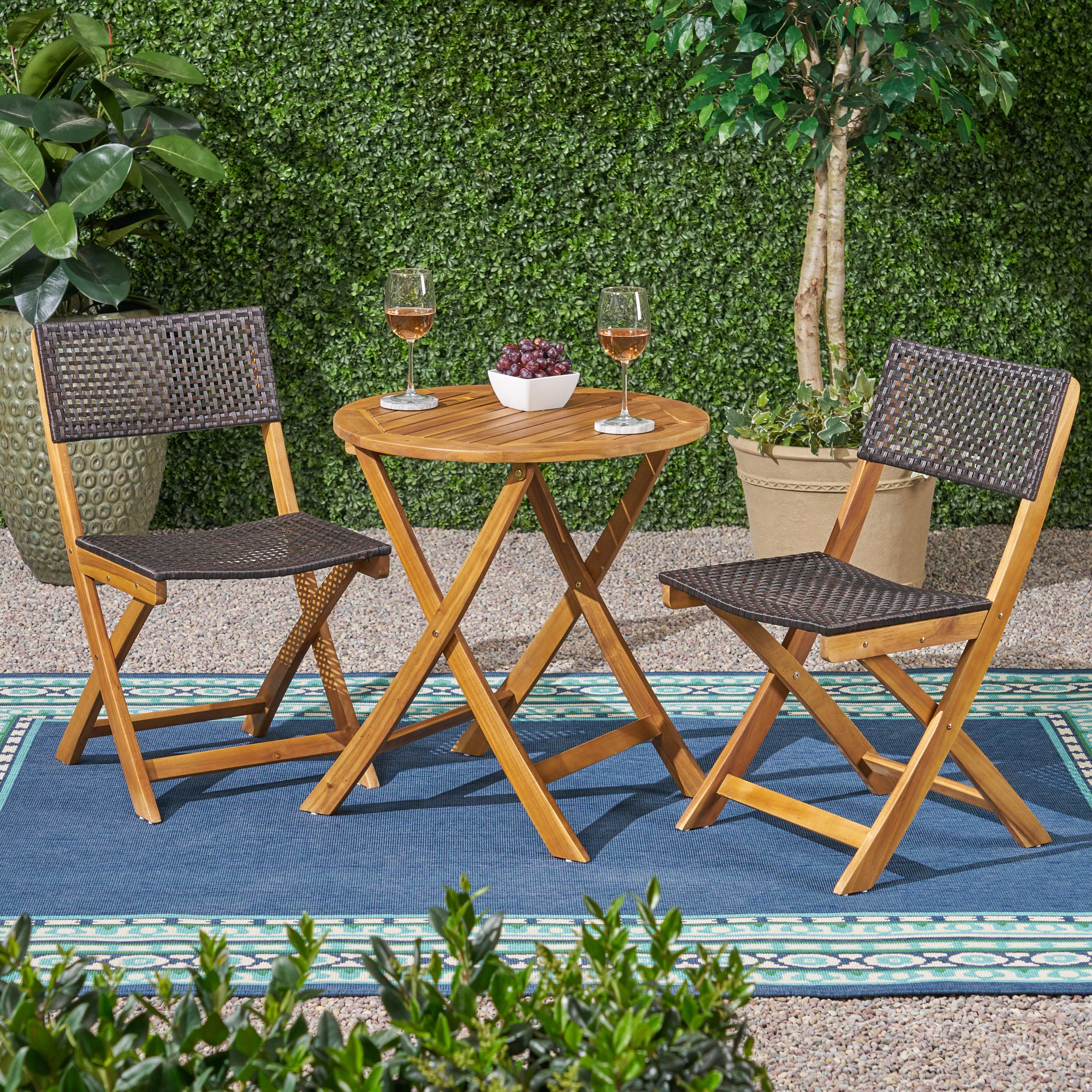 Truda Outdoor Acacia Wood Wicker Foldable Bistro Set with Chairs and Table - furnishings