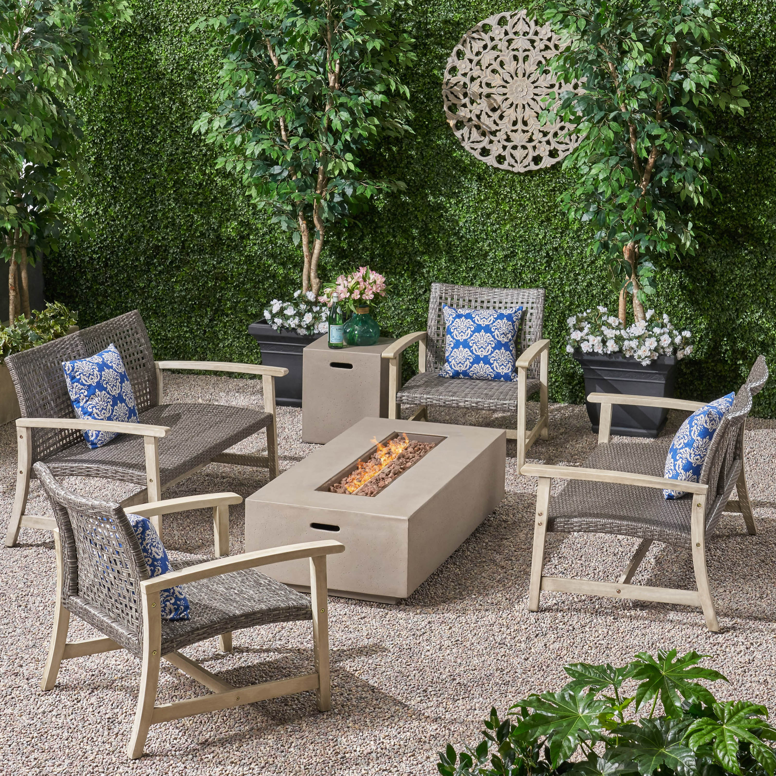 Tabby Outdoor 6 Seater Wood and Wicker Chat Set with Fire Pit - furnishings