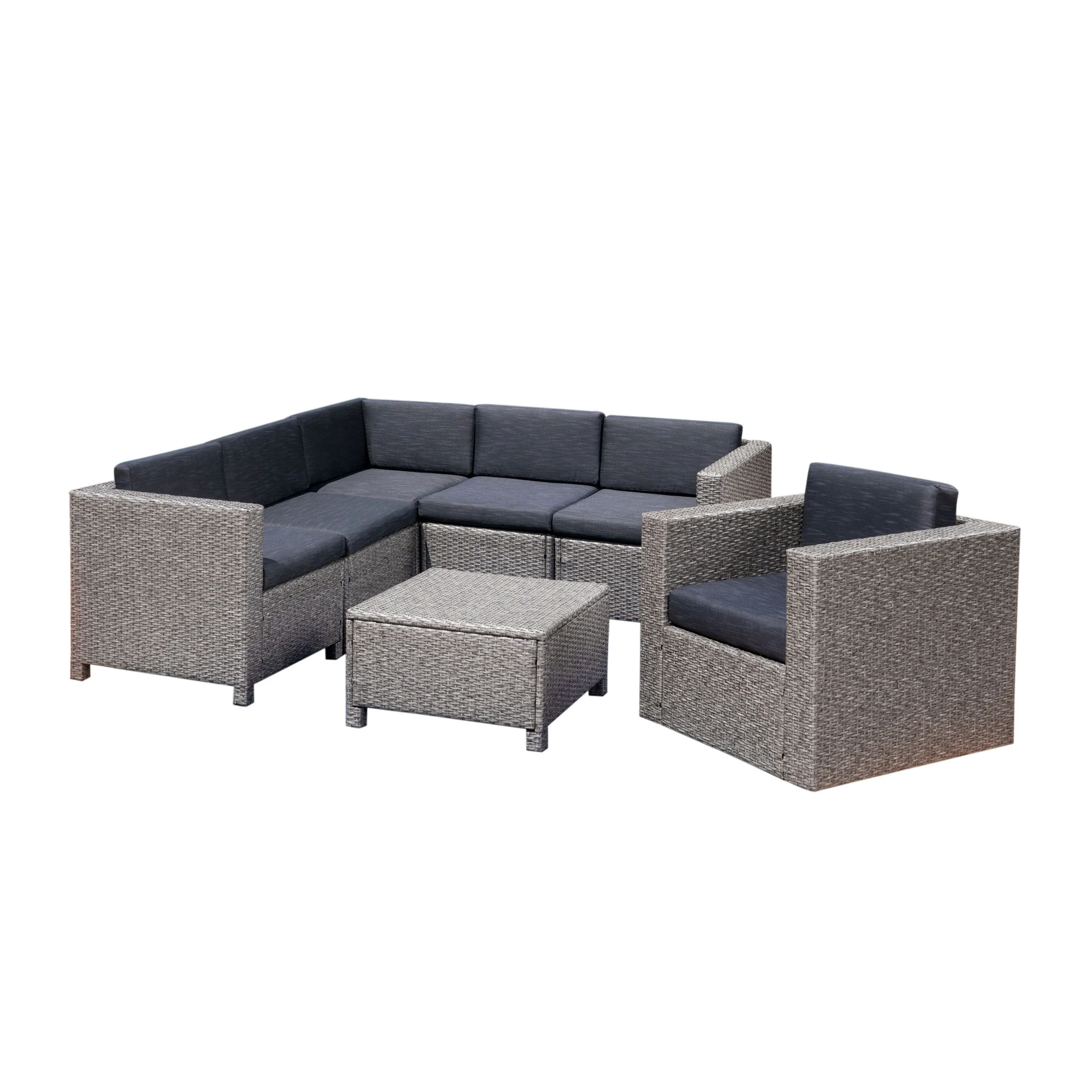 Phillips Outdoor 6 Seater Wicker V-Shaped Sofa and Swivel Chair Set with Water Resistant Cushions - furnishings