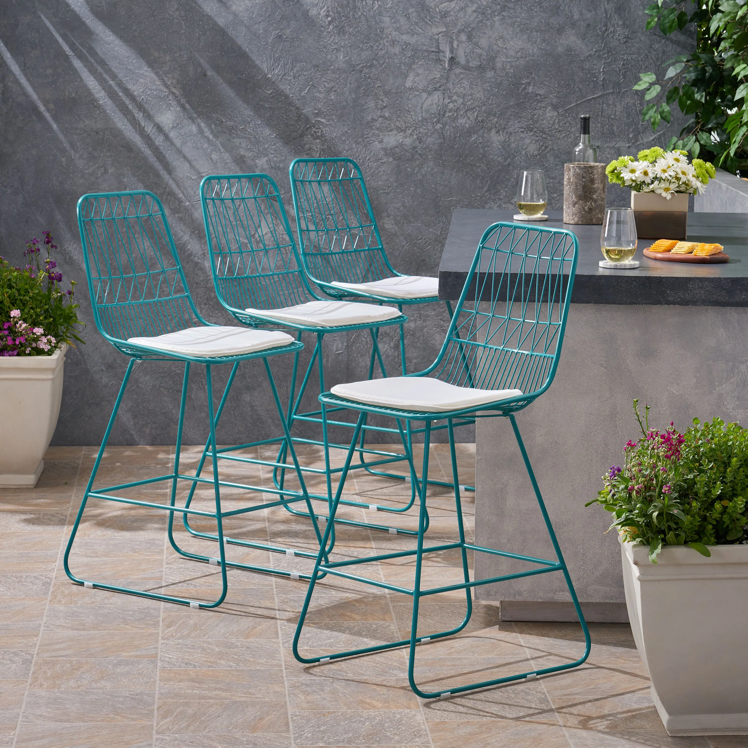 Ella Outdoor Wire Counter Stools with Cushions (Set of 4), Teal and Ivory - furnishings