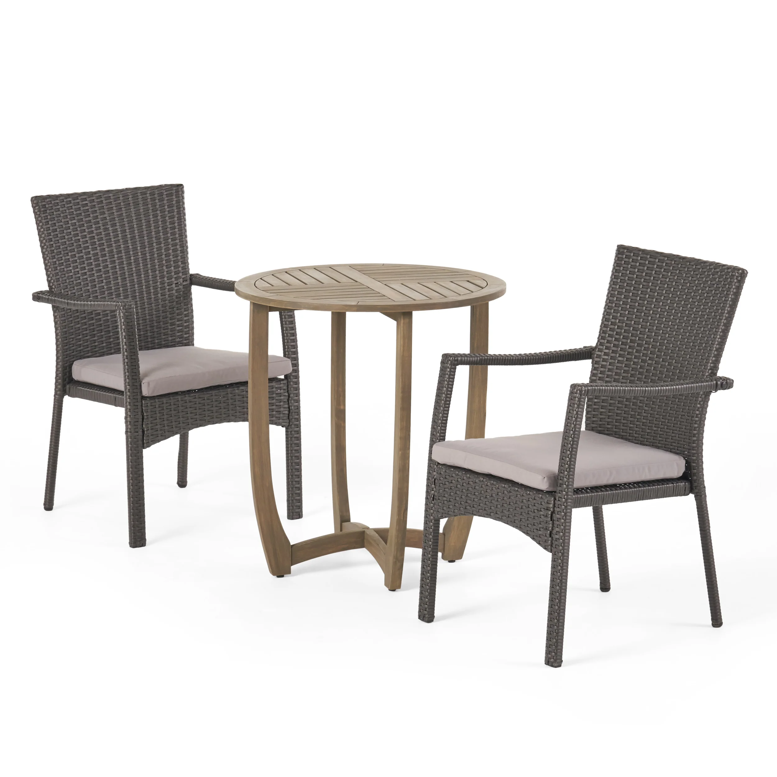 Leyam Outdoor 3 Piece Wood and Wicker Bistro Set, Gray and Gray - furnishings