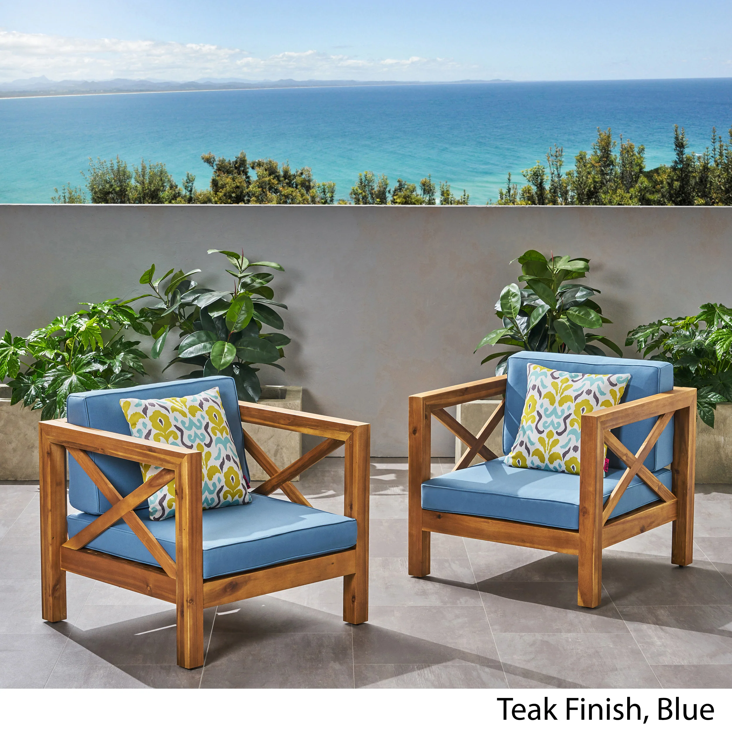 Indira Outdoor Acacia Wood Club Chairs with Cushions (Set of 2) - furnishings
