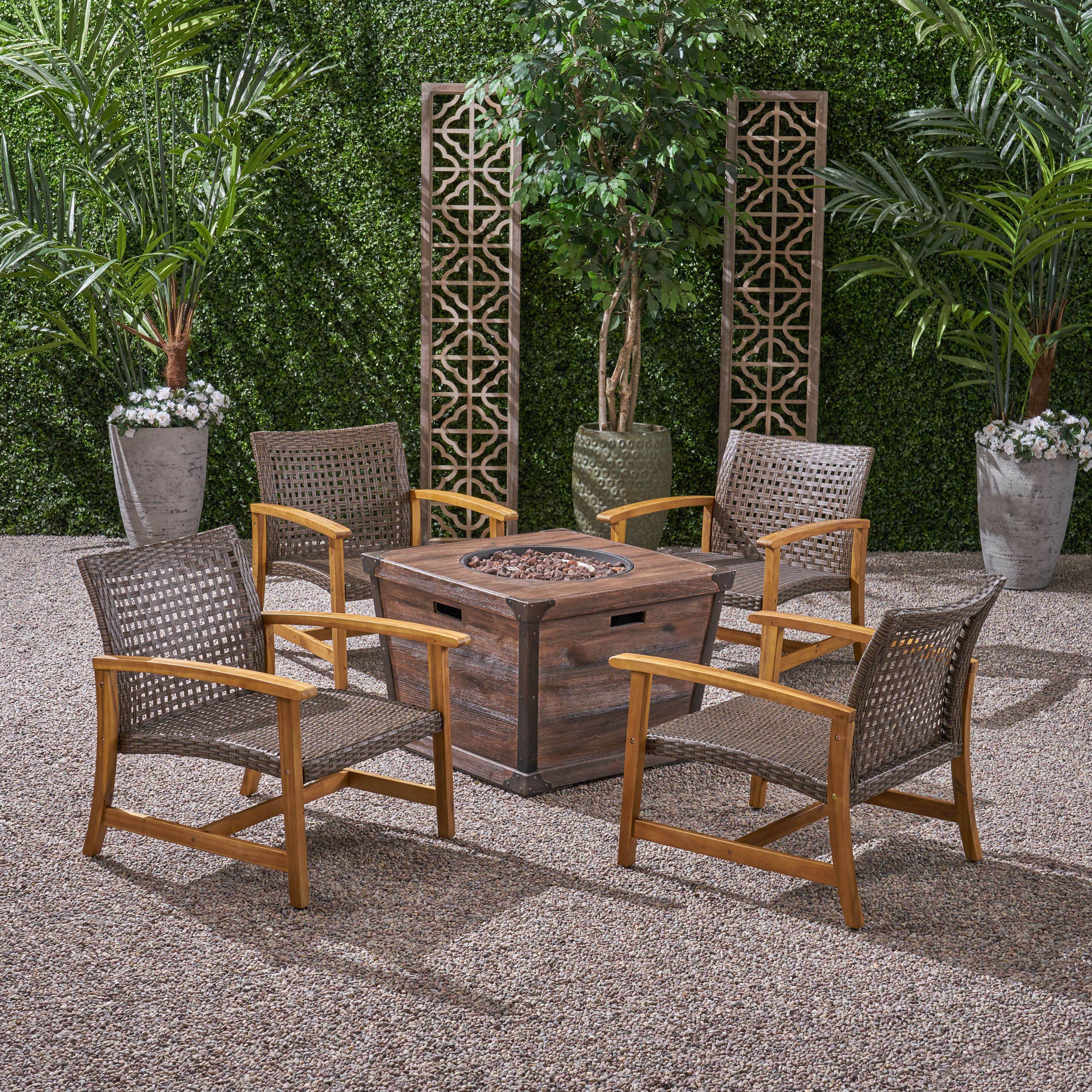 Levant Outdoor 4 Piece Wood and Wicker Club Chair Set with Fire Pit - furnishings