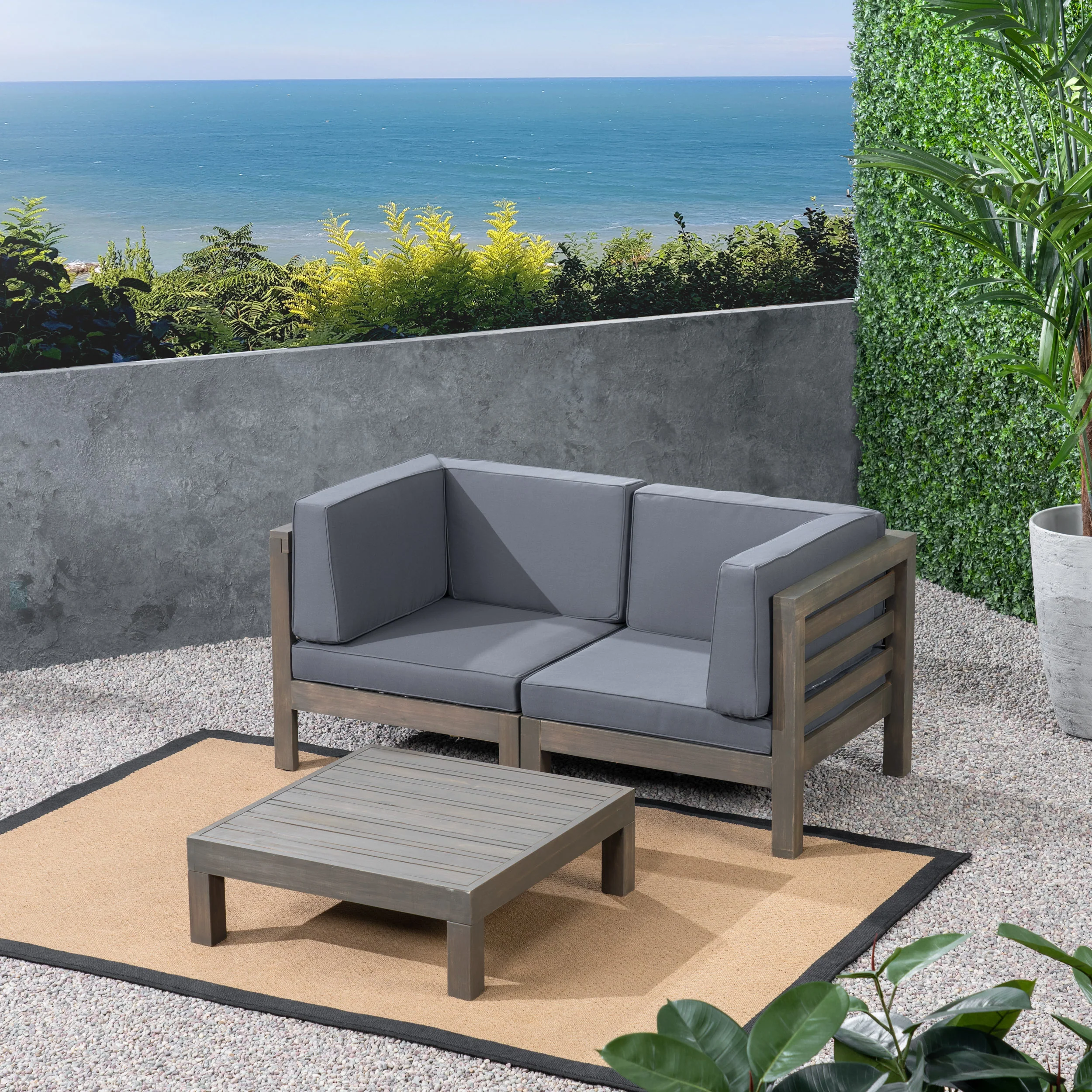 Dawson Outdoor Sectional Loveseat Set with Coffee Table - 3-Piece 2-Seater - Acacia Wood - Outdoor Cushions - furnishings