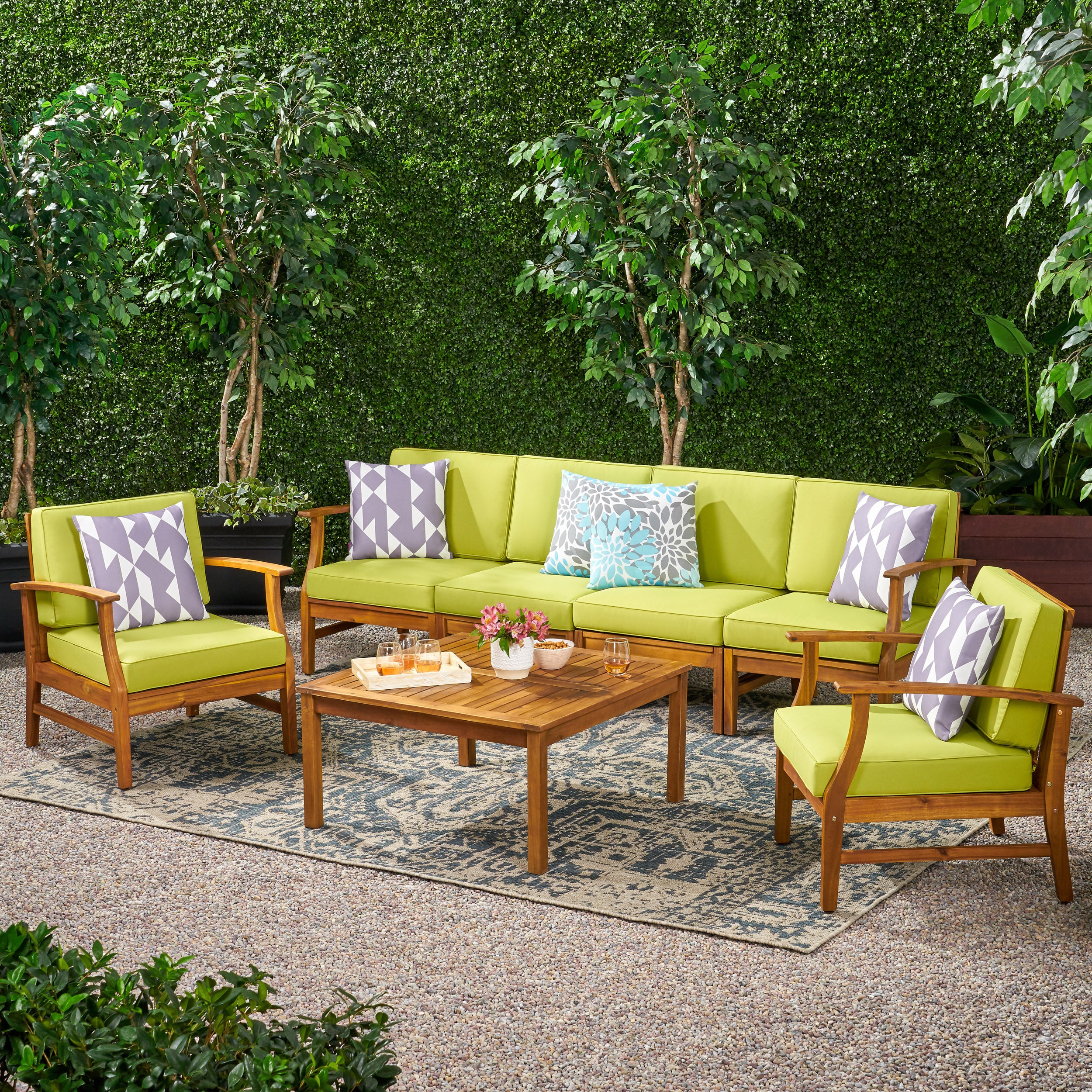 Scarlett Outdoor 6 Seat Teak Finished Acacia Wood Sofa and Table Set - furnishings