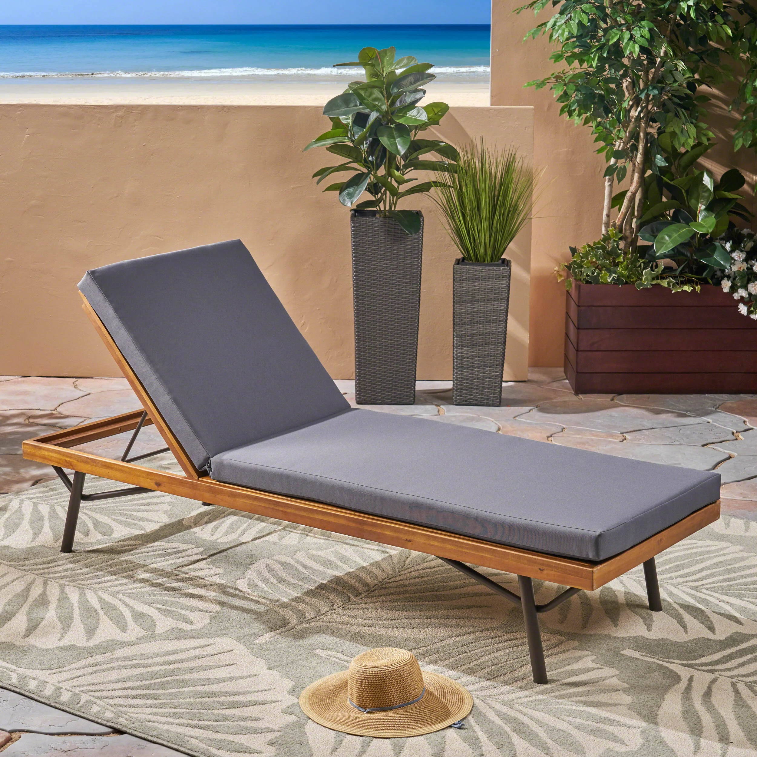 Lilith Outdoor Acacia and Eucalyptus Chaise Lounge, Teak Finish and Dark Gray - furnishings