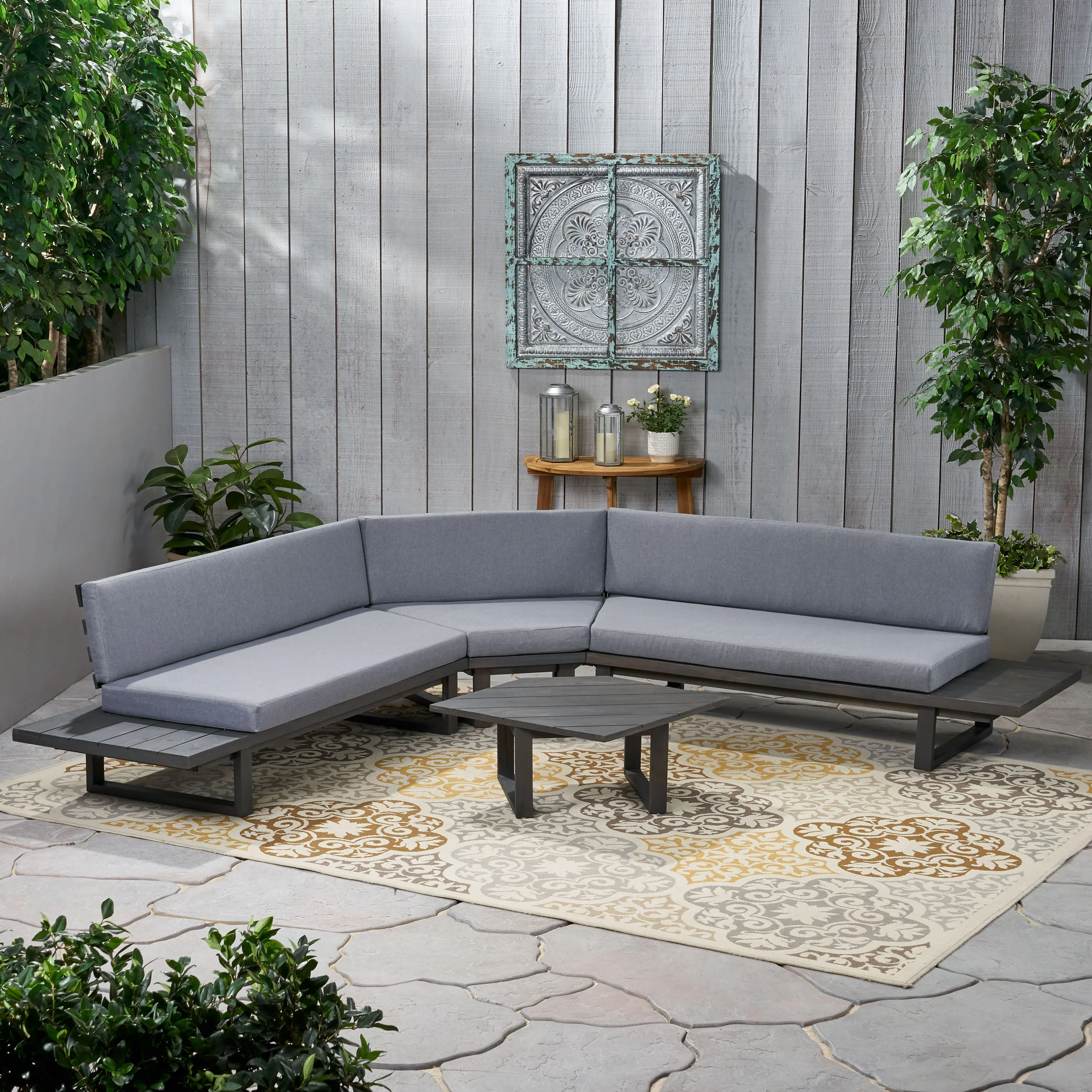Manna Outdoor Acacia Wood 5 Seater Sectional Sofa Set with Water-Resistant Cushions - furnishings