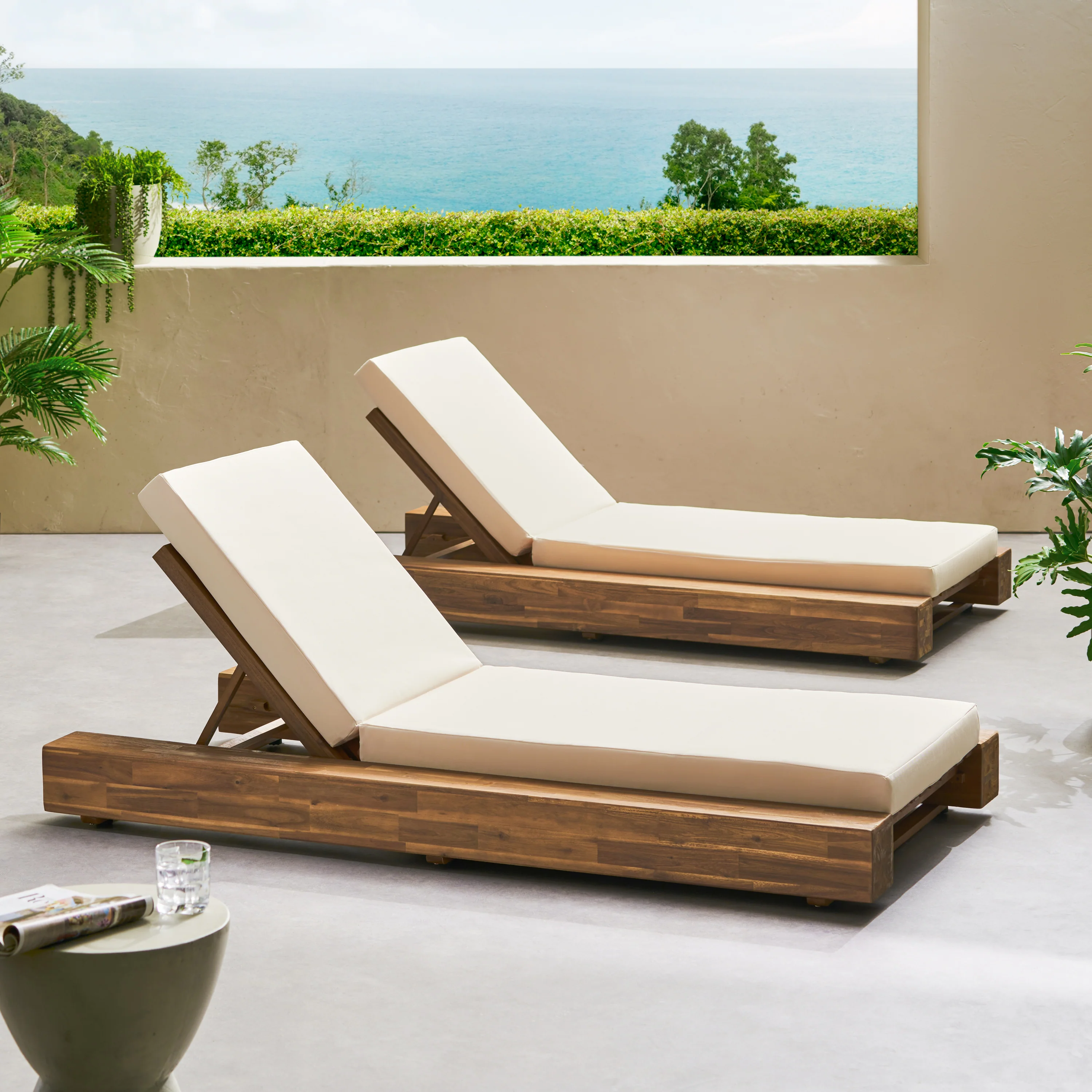 Ursula Outdoor Acacia Wood Chaise Lounge and Cushion Sets (Set of 2) - furnishings