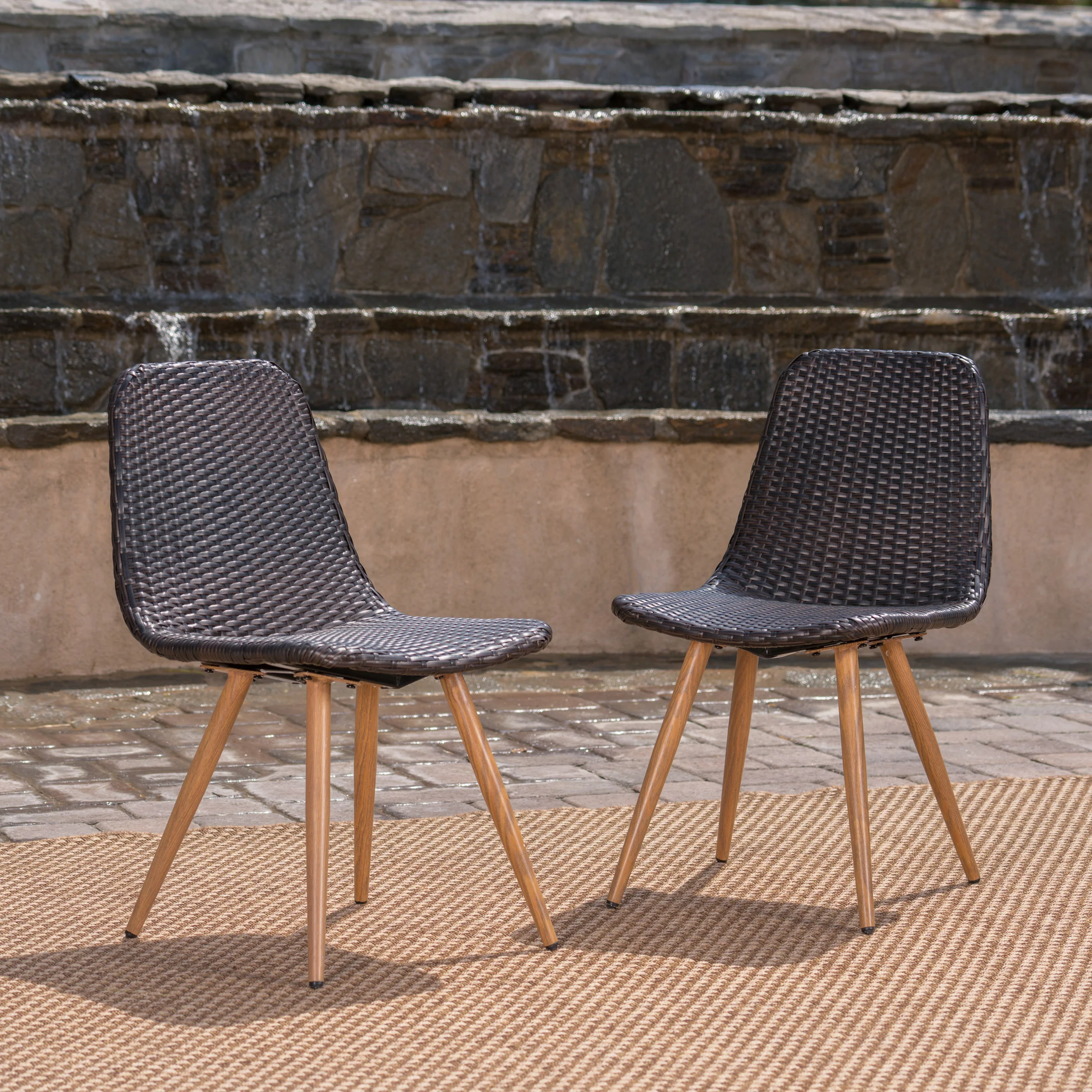 Gilda Outdoor Multi-Brown Wicker Dining Chairs With Wood Finished Metal Legs - furnishings