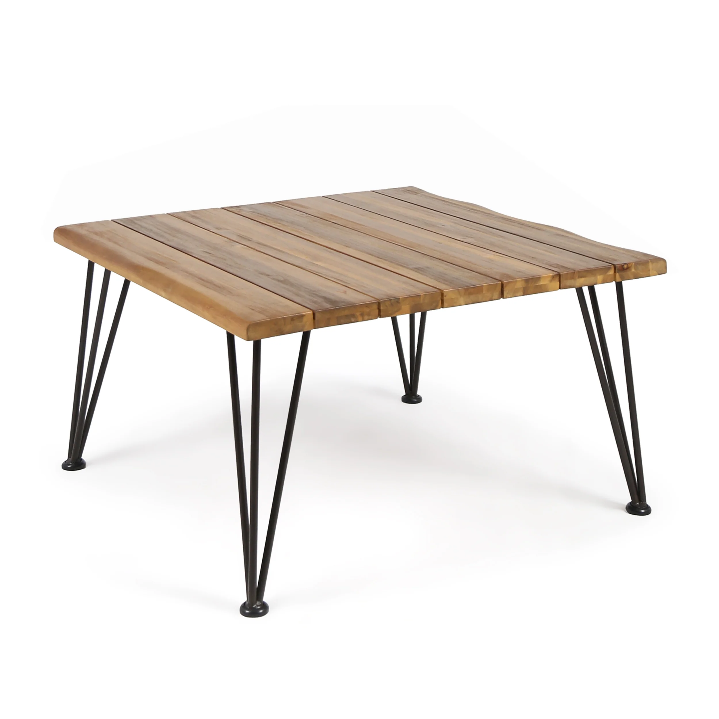 Avy Outdoor Rustic Industrial Acacia Wood Coffee Table with Metal Hairpin Legs, Teak - furnishings