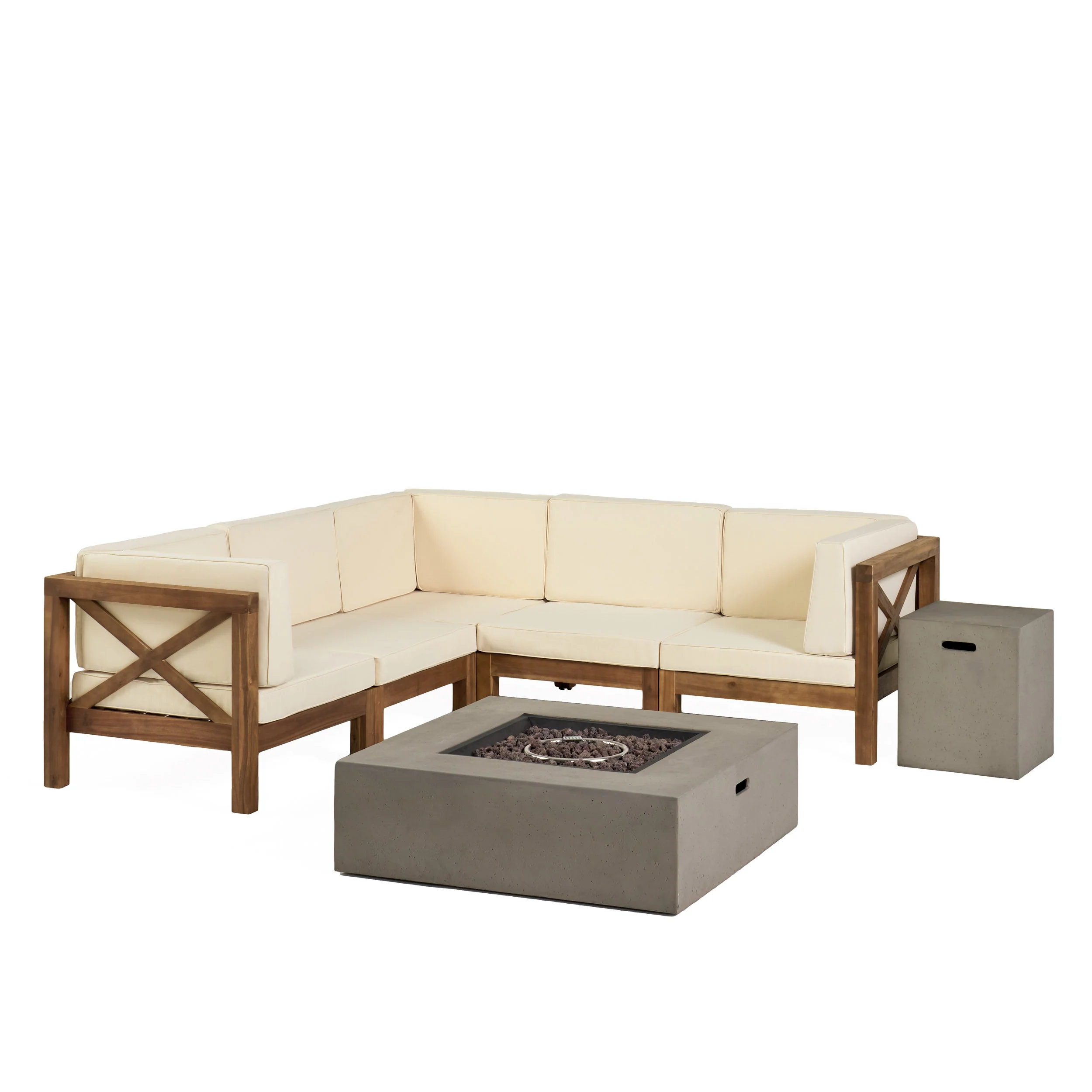 Cynthia Outdoor Acacia Wood 5 Seater Sectional Sofa Set with Fire Pit - furnishings