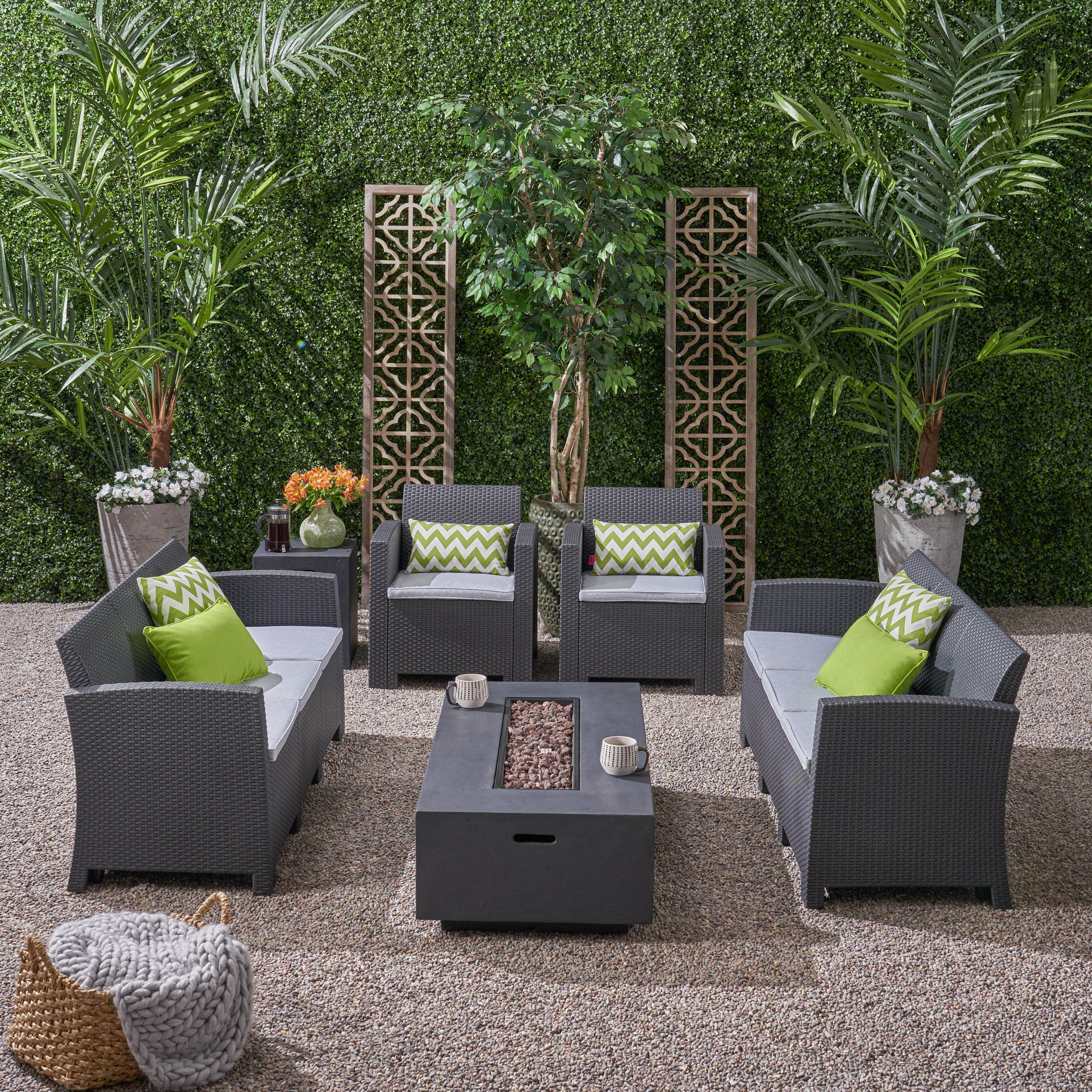 Morena Outdoor 8-Seater Wicker Print Chat Set with Fire Pit and Tank Holder - furnishings
