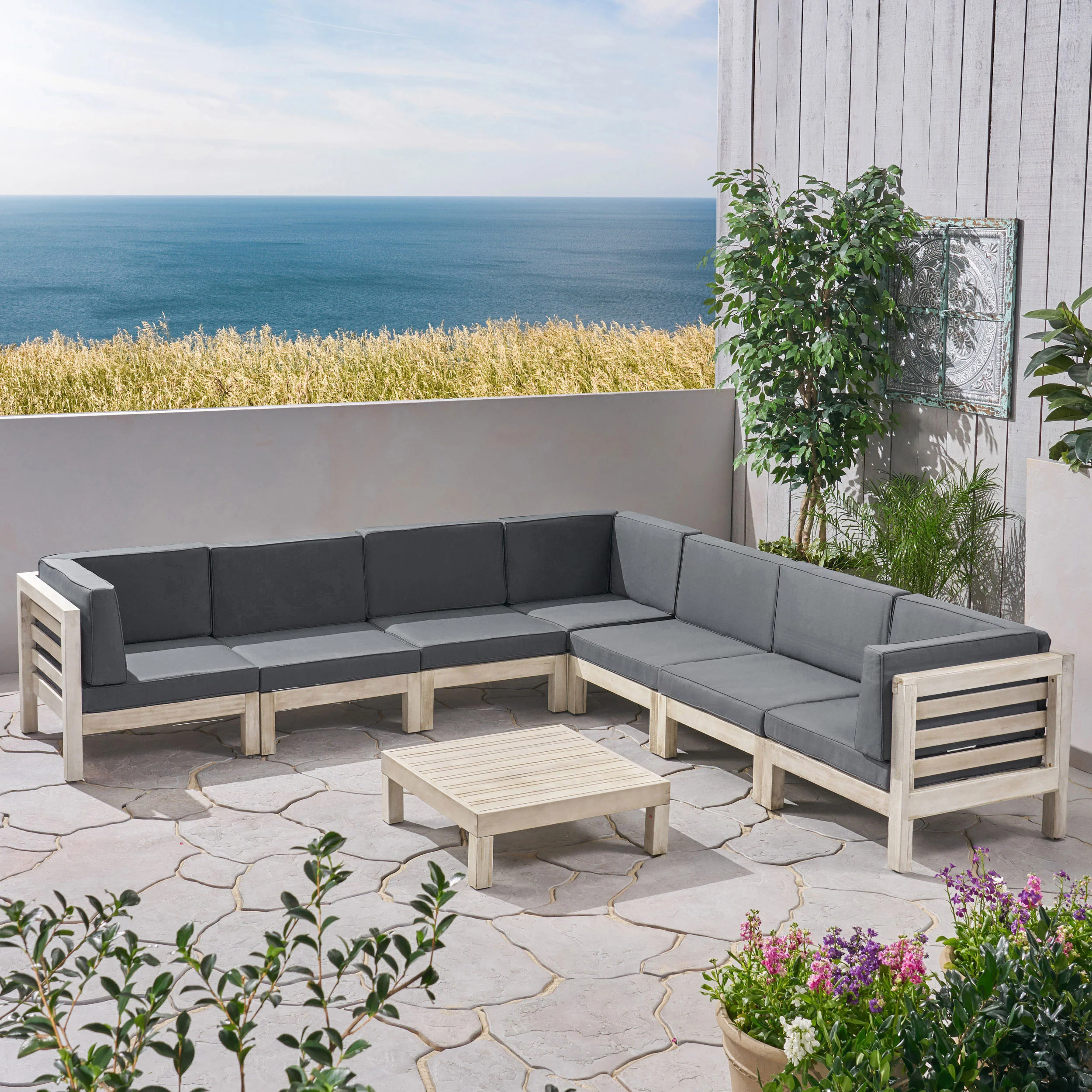 Dawn Outdoor 7 Seater Acacia Wood Sectional Sofa Set - furnishings