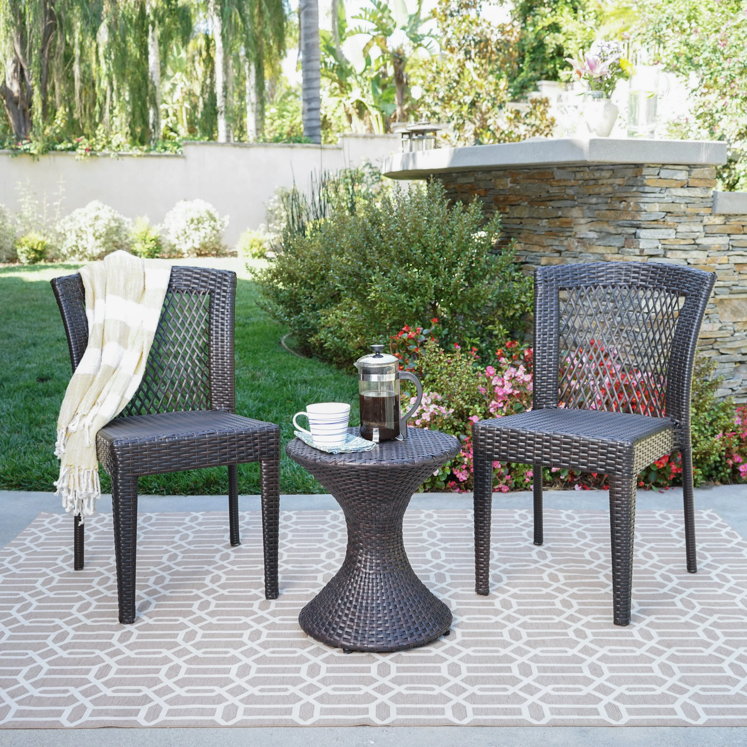 Rigby Outdoor 3 Piece Multi-Brown Wicker Chat Set with Stacking Chairs - furnishings