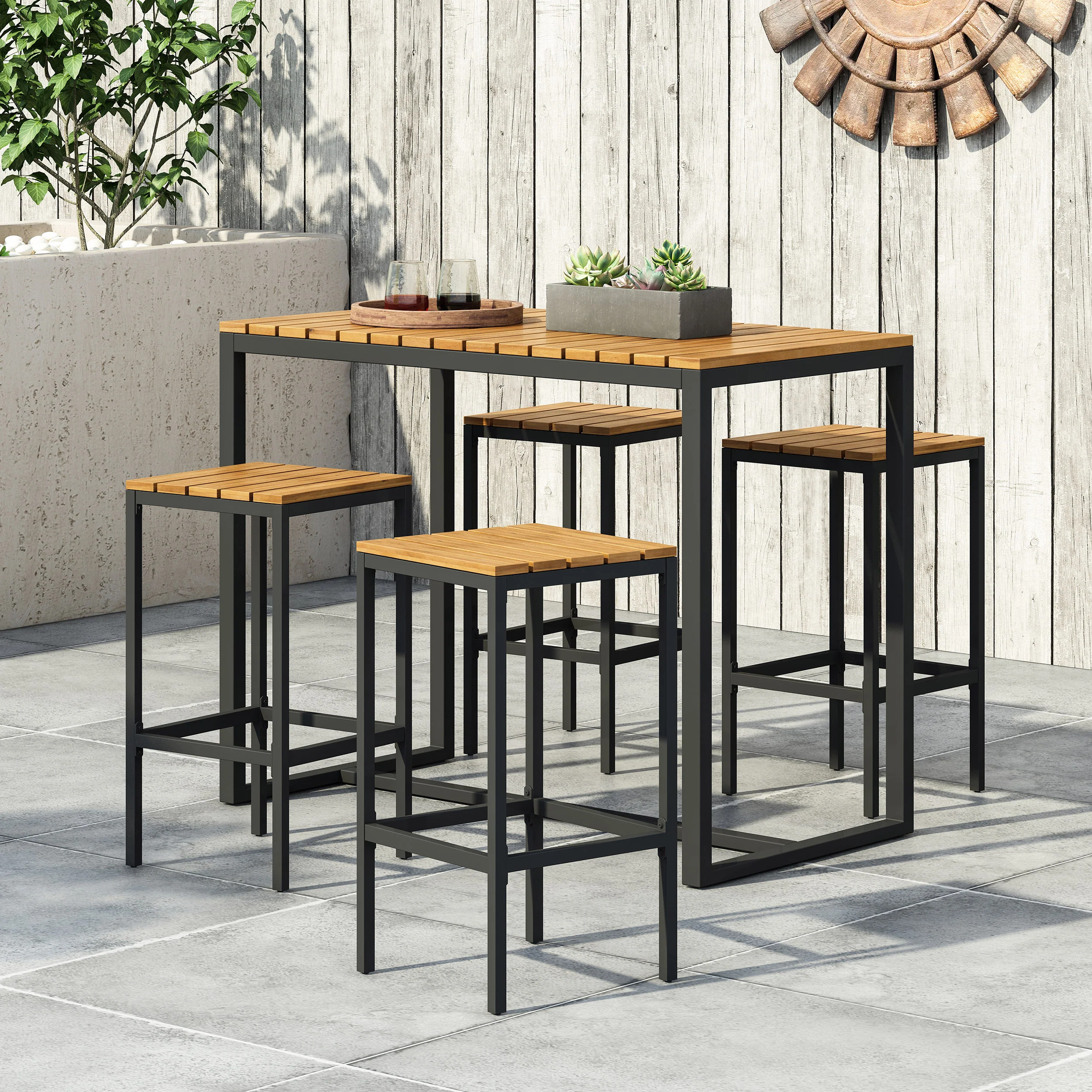 Arath Outdoor Modern Industrial 4 Seater Acacia Wood Bar Set - furnishings
