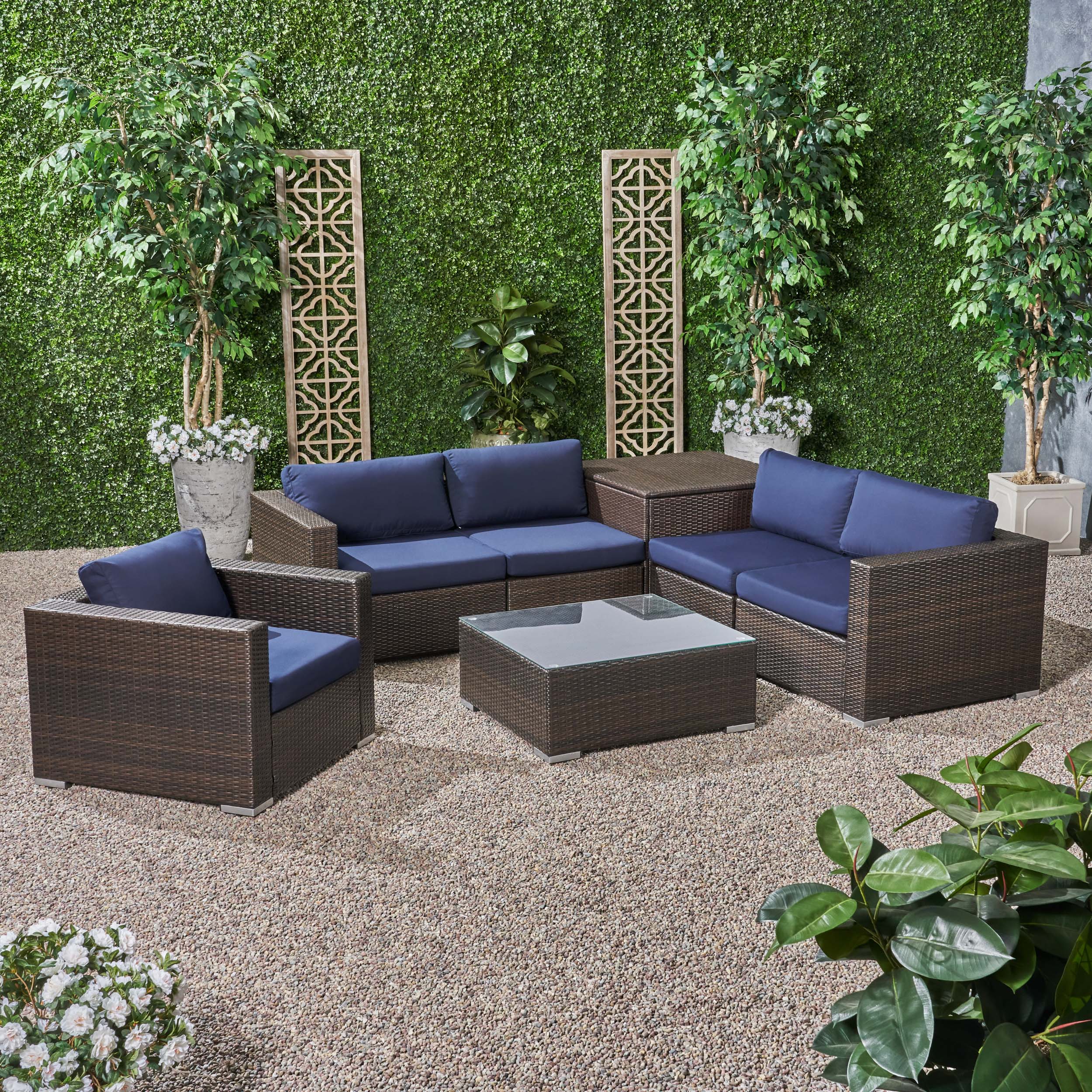 Kyra Outdoor 5 Seater Wicker Sectional Sofa Set with Storage Ottoman and Sunbrella Cushions - furnishings