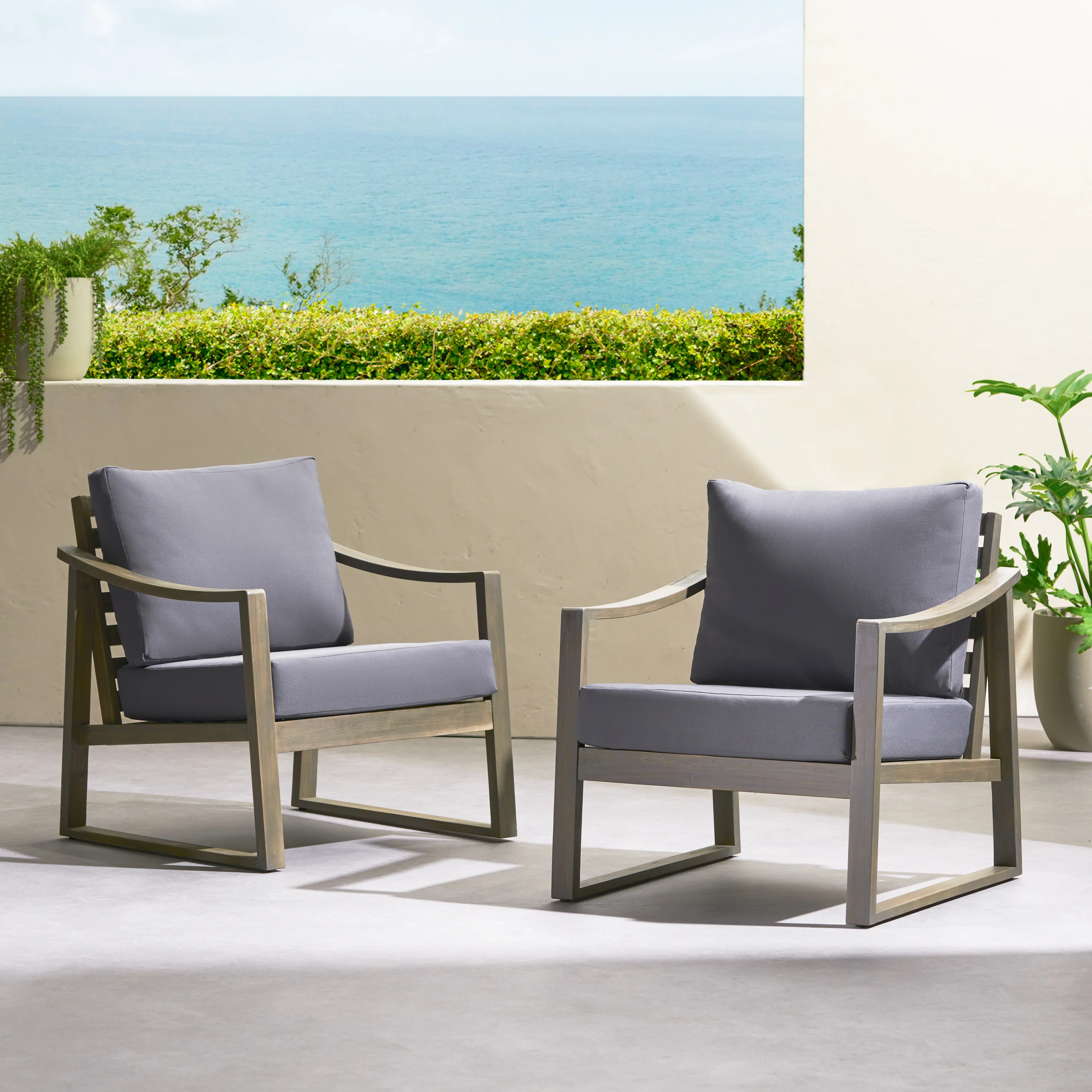 Johnlucas Outdoor Acacia Wood Club Chairs with Water Resistant Cushions (Set of 2) - furnishings